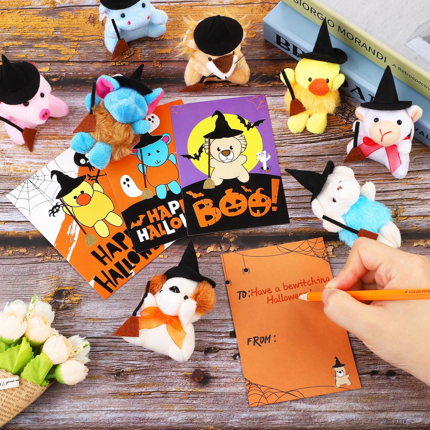 Fovths 24 Pieces Halloween Mini Stuffed Animals Plush Toy With Witch Hat Broom Cards Keychain For Kids Boys Girls Halloween Stuf