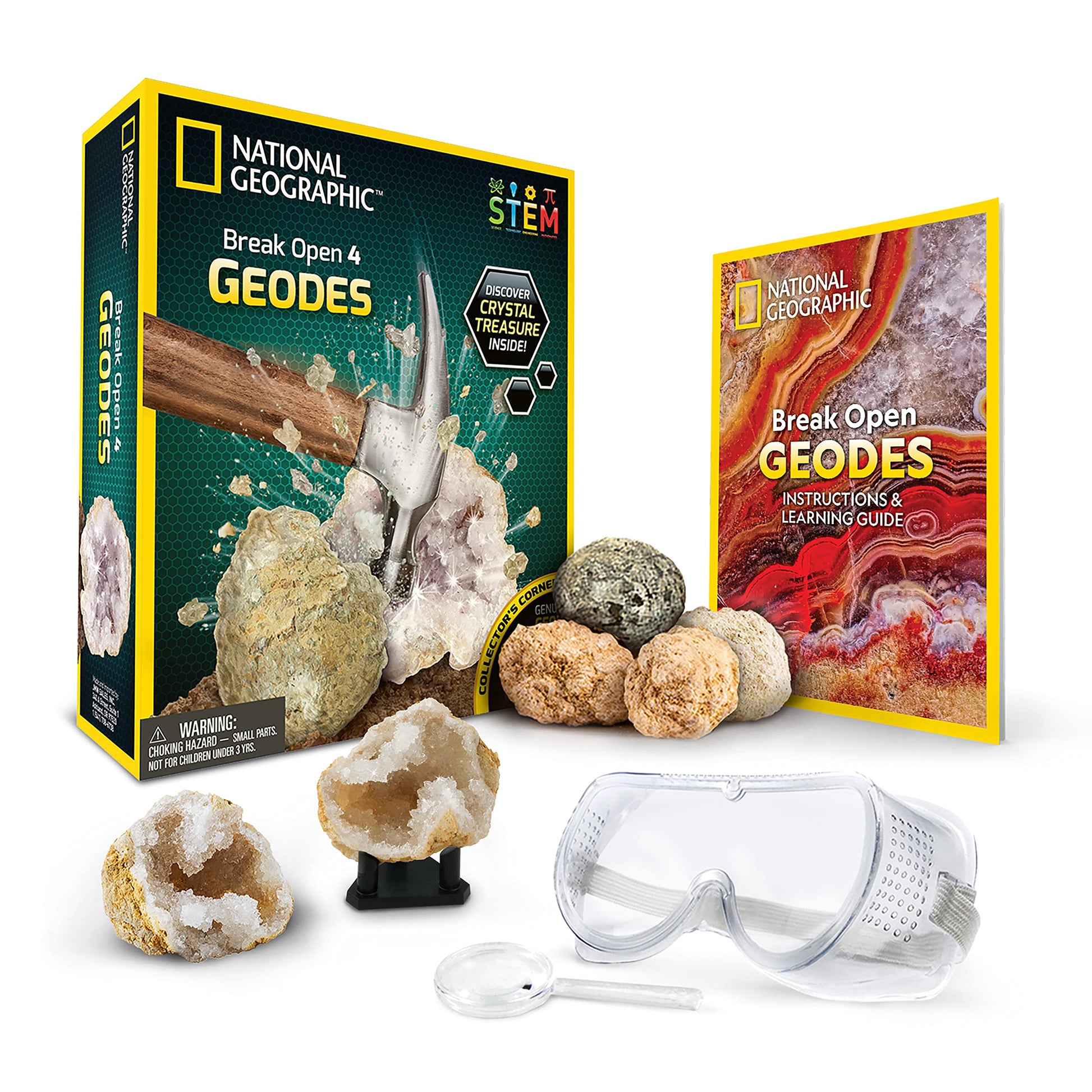 National Geographic Break Open 4 Geodes Science Kit – Includes Goggles And Display Stand - Stem Science Gift For Boys And Girls, Break Your Own Geodes With Crystals (Amazon Exclusive)