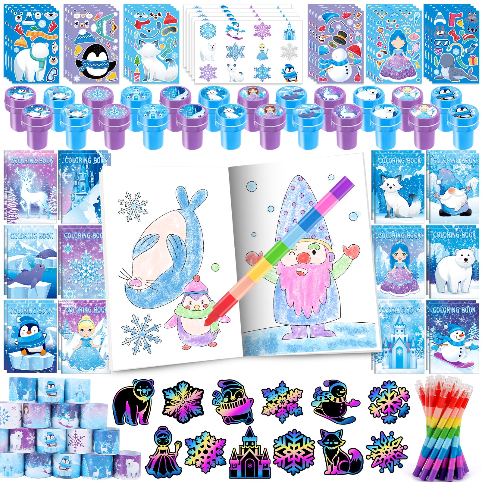 BenLouis 192pcs Frozen Party Favors Set for Kids Winter Snowflake Coloring Book Christmas School Classroom Gift Reward Prize Cra