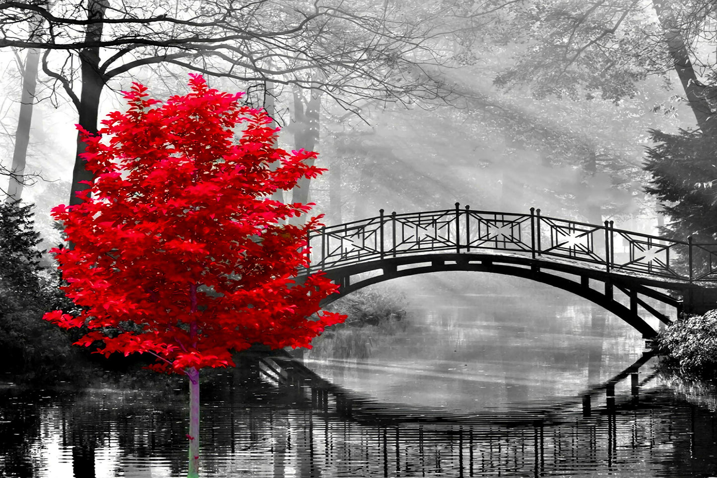 najiaxiaowu mature-themed Puzzle Classic Jigsaw Puzzle 1000 Pieces Wooden Puzzle DIY Black and White Bridge and Red Tree Modern Home Decor Intellectual Game Wall Art Unique Gift 75x50cm