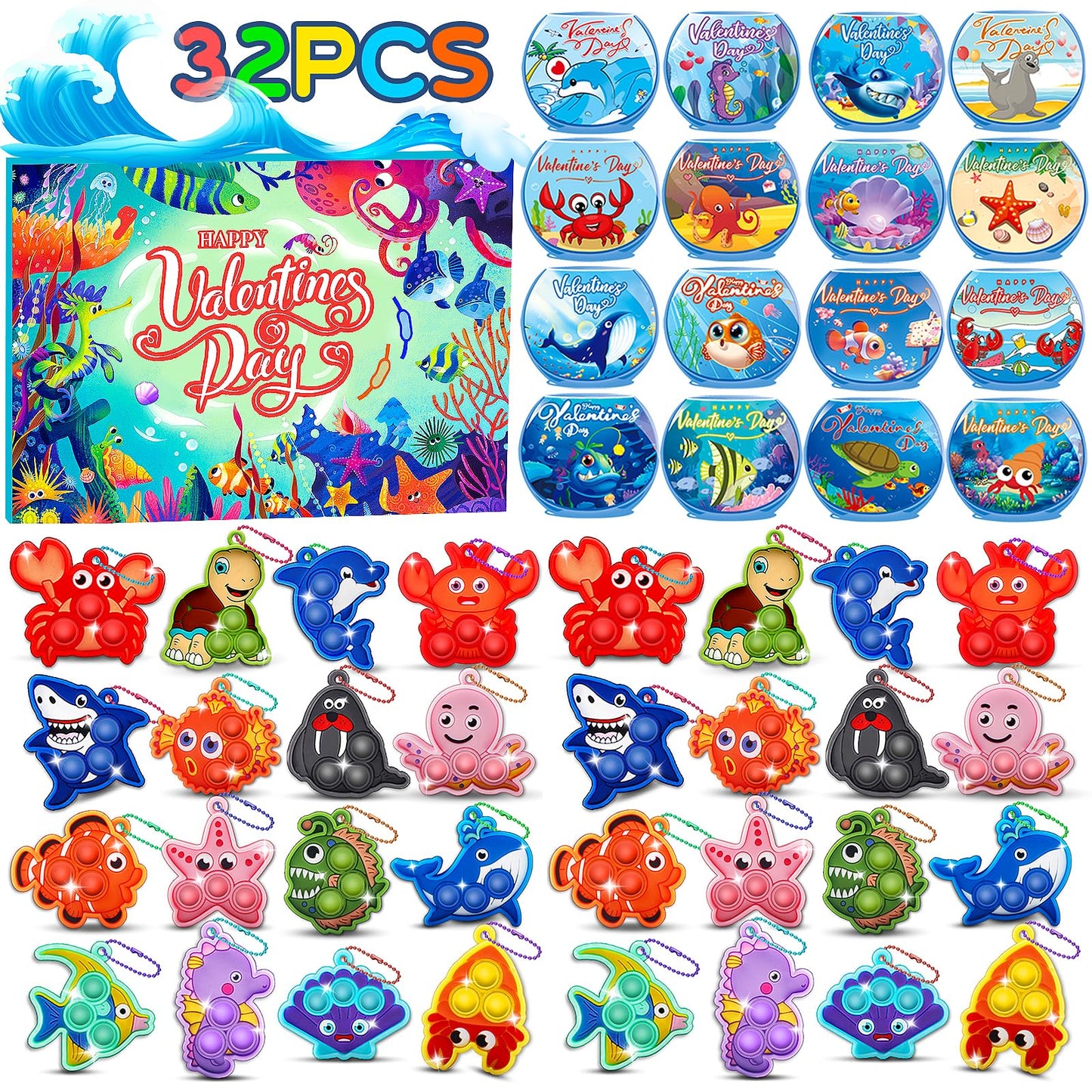 32 Pcs Valentines Day Gifts For Kids,Valentines Cards For Kids Classroom With Sea Animal Pop Fidget Toys,Valentines Exchange Gif