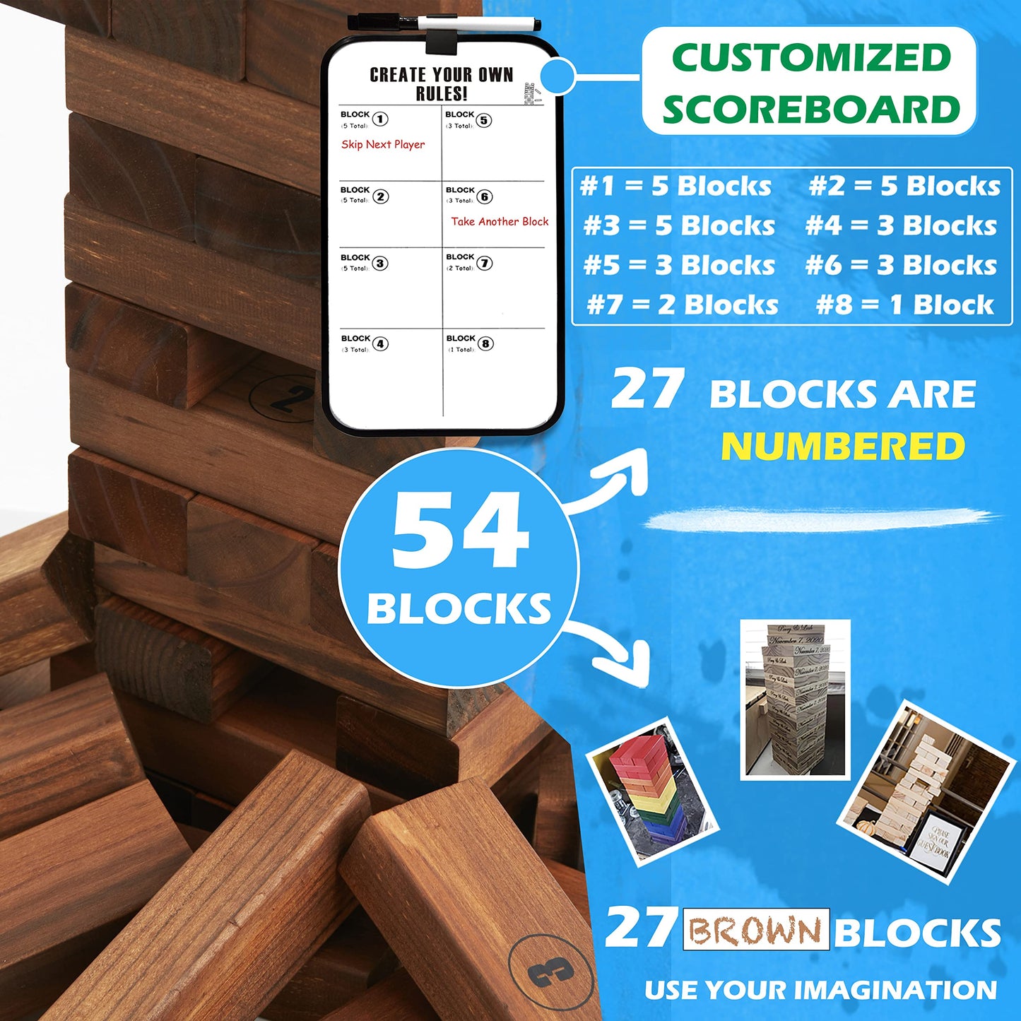 Jst Gamez Large Tower Wooden Stacking Outdoor Games For Adults And Family Yard Lawn Blocks Games - Includes Rules And Carrying B