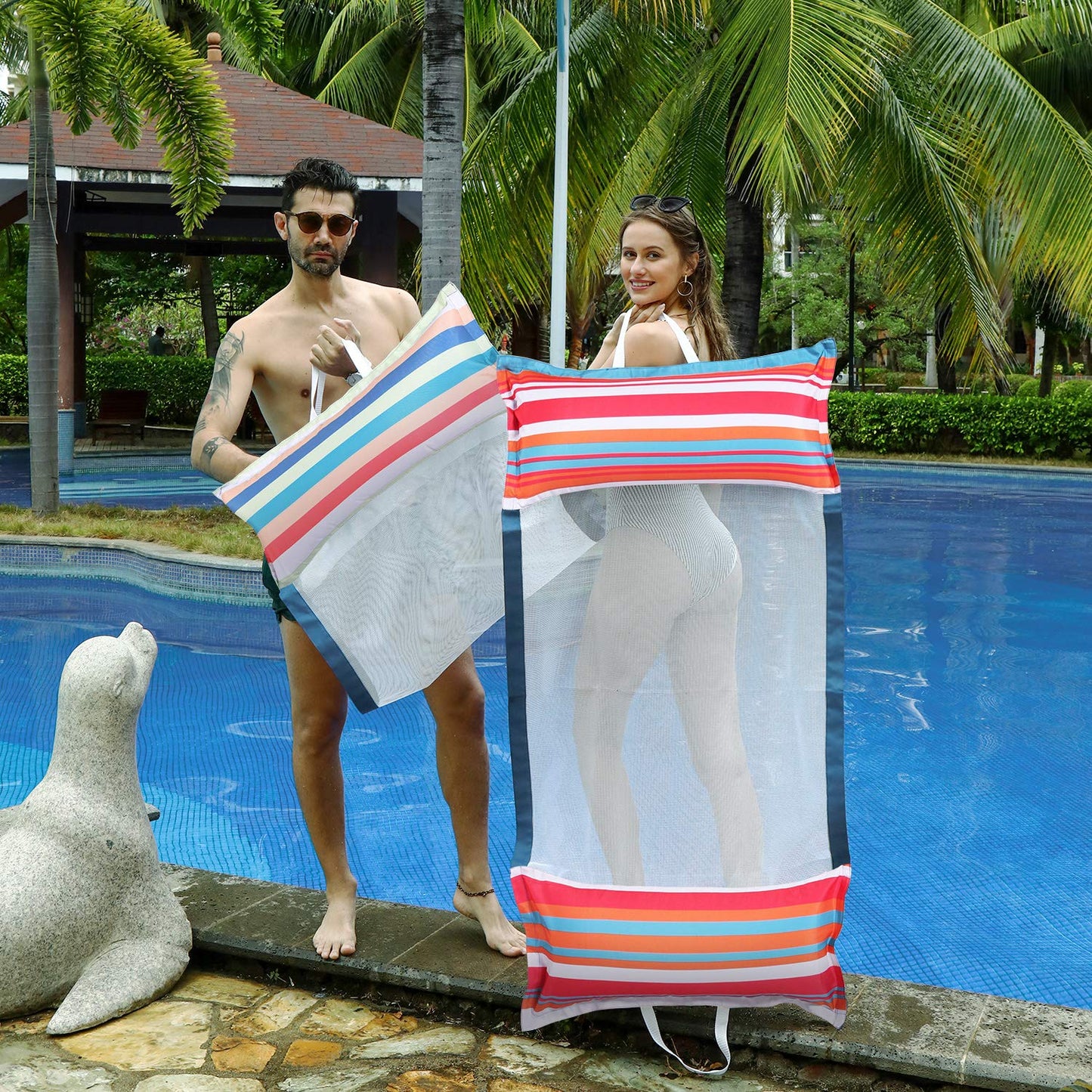 FindUWill Fabric Pool Hck Floats  XL  2Pack Inflatable Water Hcks Floaties 4-in-1 (Saddle  Lounge Chair  Hck  Drifter)  Pool Float Lounger for mature-themeds