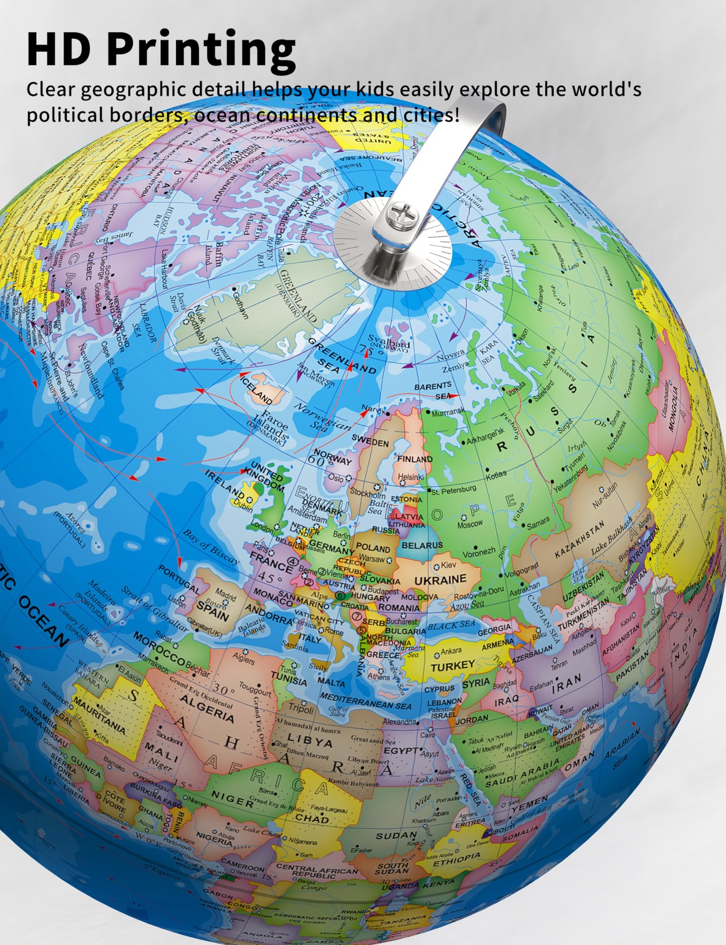 Soundance 13 Inch World Globe With Stable Heavy Metal Base, Educational Globe For Kids Learning, Large Globe Lamp With Colorful