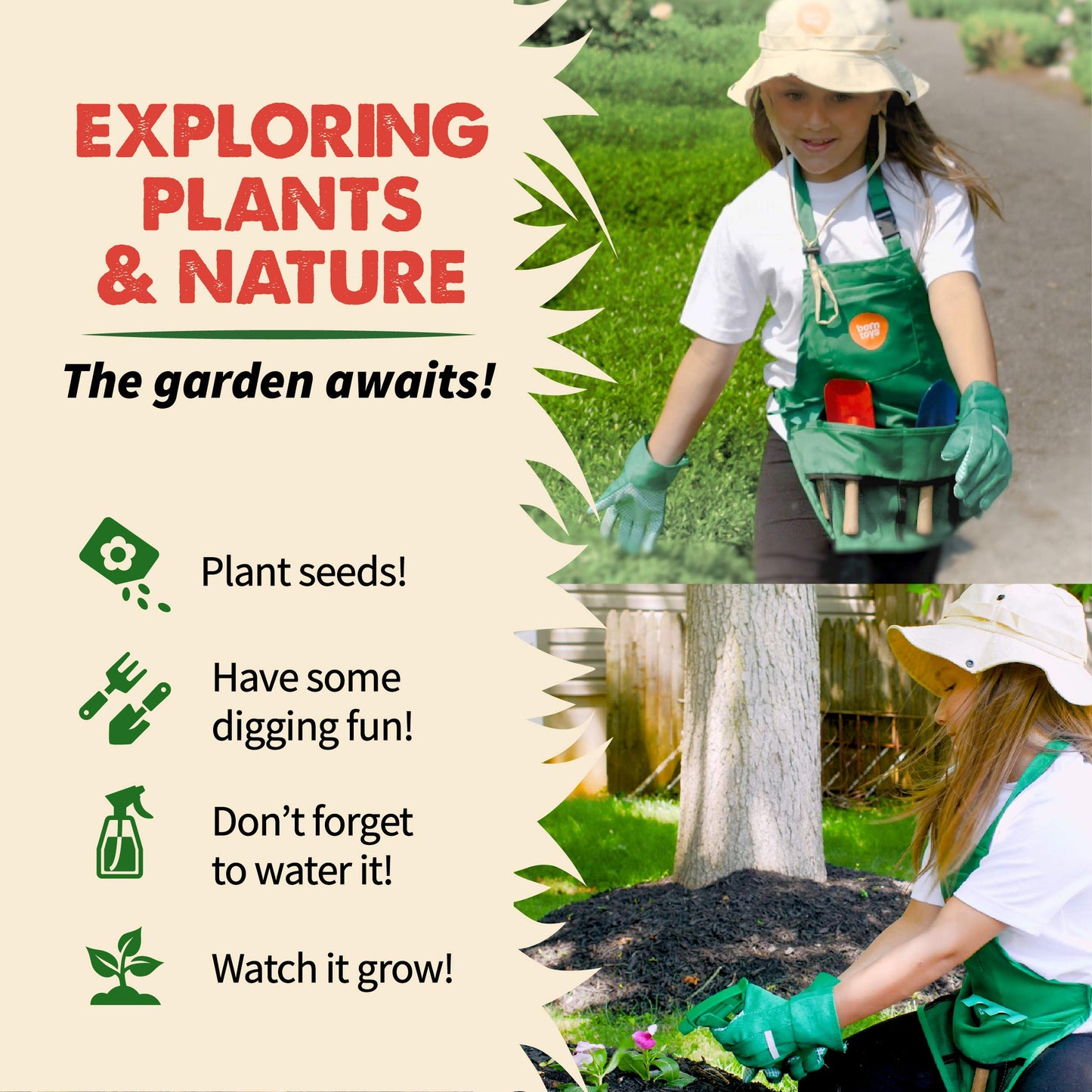 Born Toys Gardening Tool Set for Kids Ages 3-7, Assorted Color, Includes Apron, Hat, Shovel, Gloves - Fun Pretend Play Gardening Set