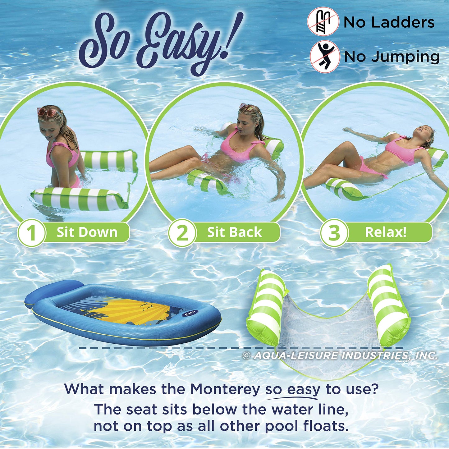 Aqua 4-In-1 Monterey Hammock Inflatable Pool Float, Multi-Purpose Pool Hammock (Saddle, Lounge Chair, Hammock, Drifter) Pool Chair, Portable Water Hammock, Lime Green/White Stripe