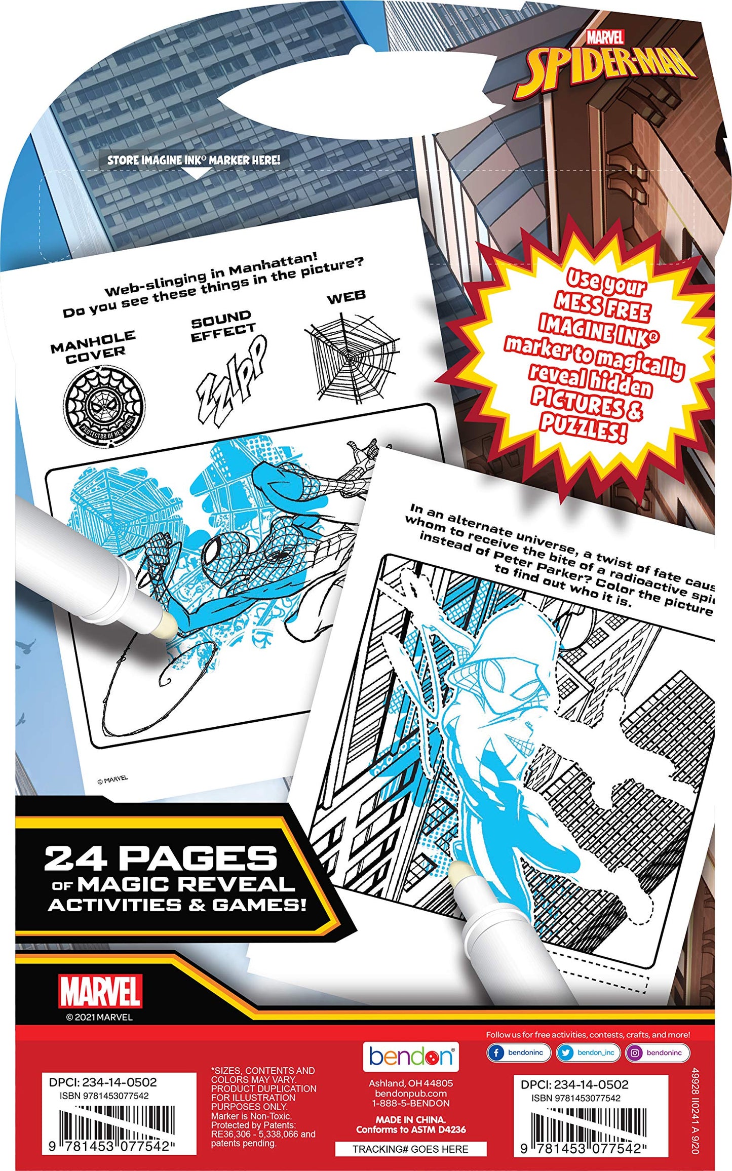 Marvel Spider-Man Imagine Ink Coloring Book, 20 Pages, Mess-Free Marker, Multicolor, Model 49928, One Size