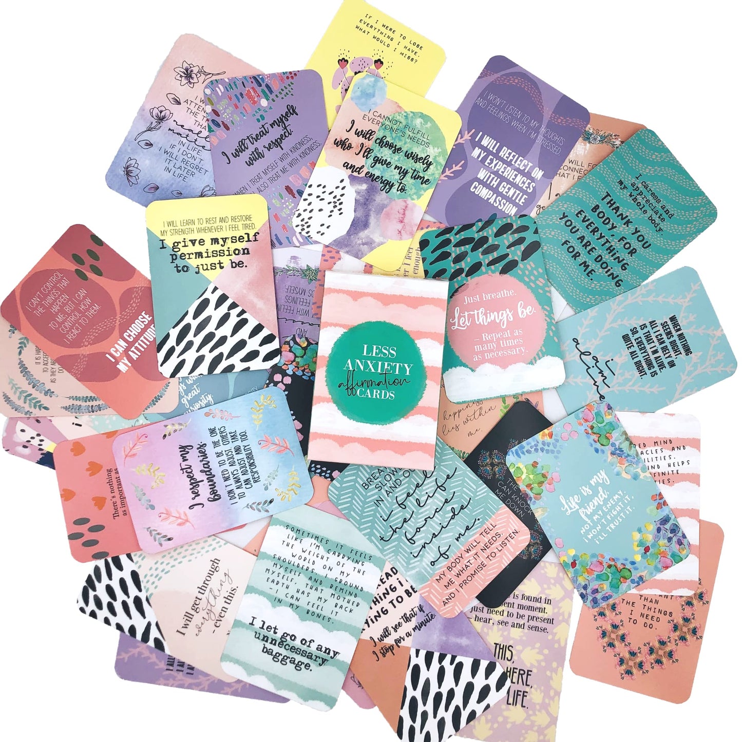 Sunny Present Anxiety Affirmation Cards - 45 Illustrated Self Care Cards, Small Size, Cardstock Material