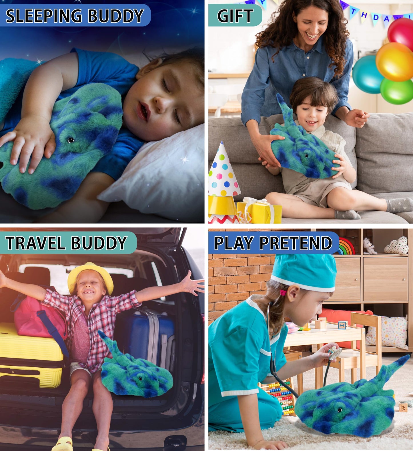 DolliBu Blue Tie-Dye Stingray Plush - Super Soft Stuffed Animal, 20 Inches, Ideal Gift for Kids & Nursery Decor