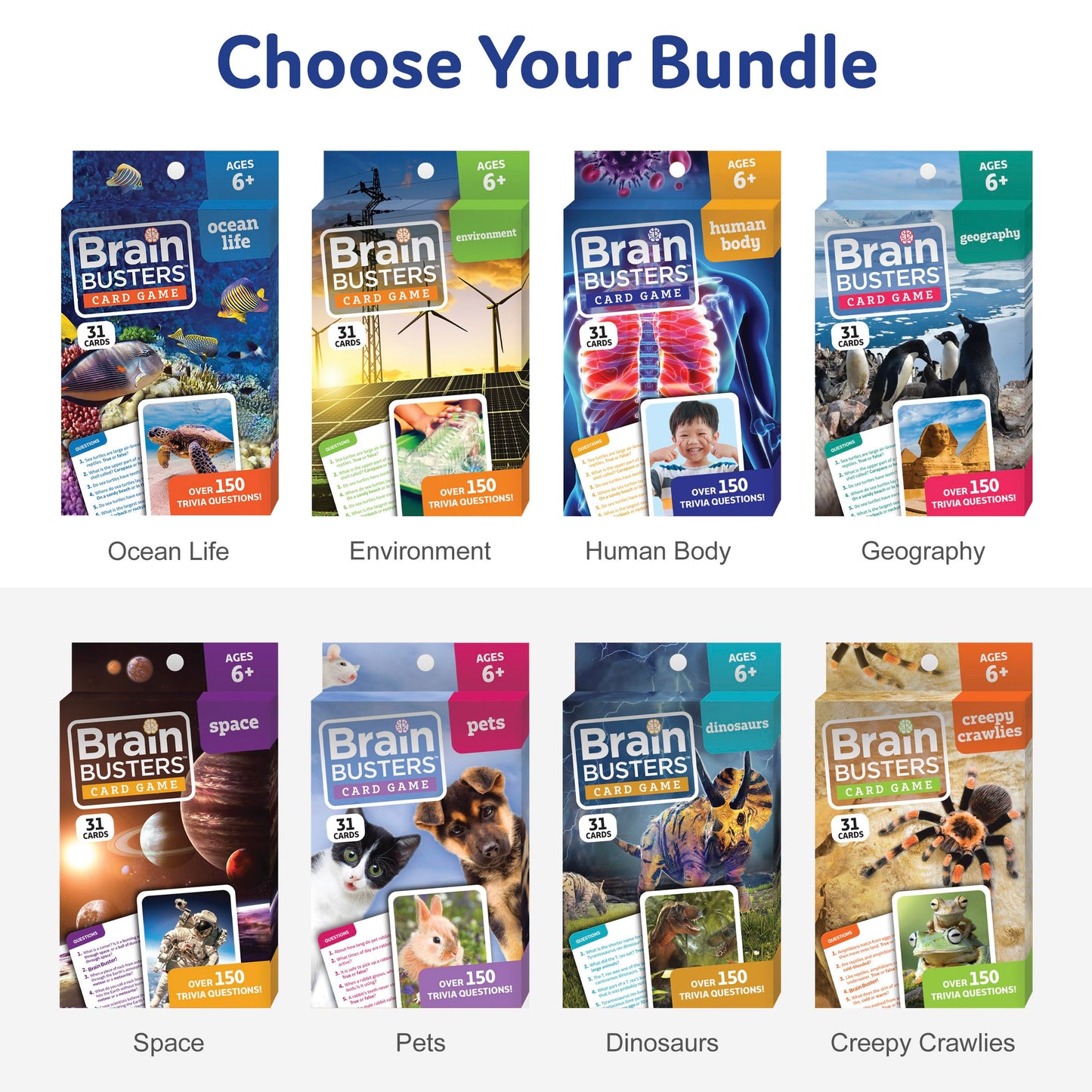 Brain Busters Card Game For Kids, Family Trivia Game Bundle With 120 Flash Cards - Learn And Play With Multiple Choice Trivia Ca