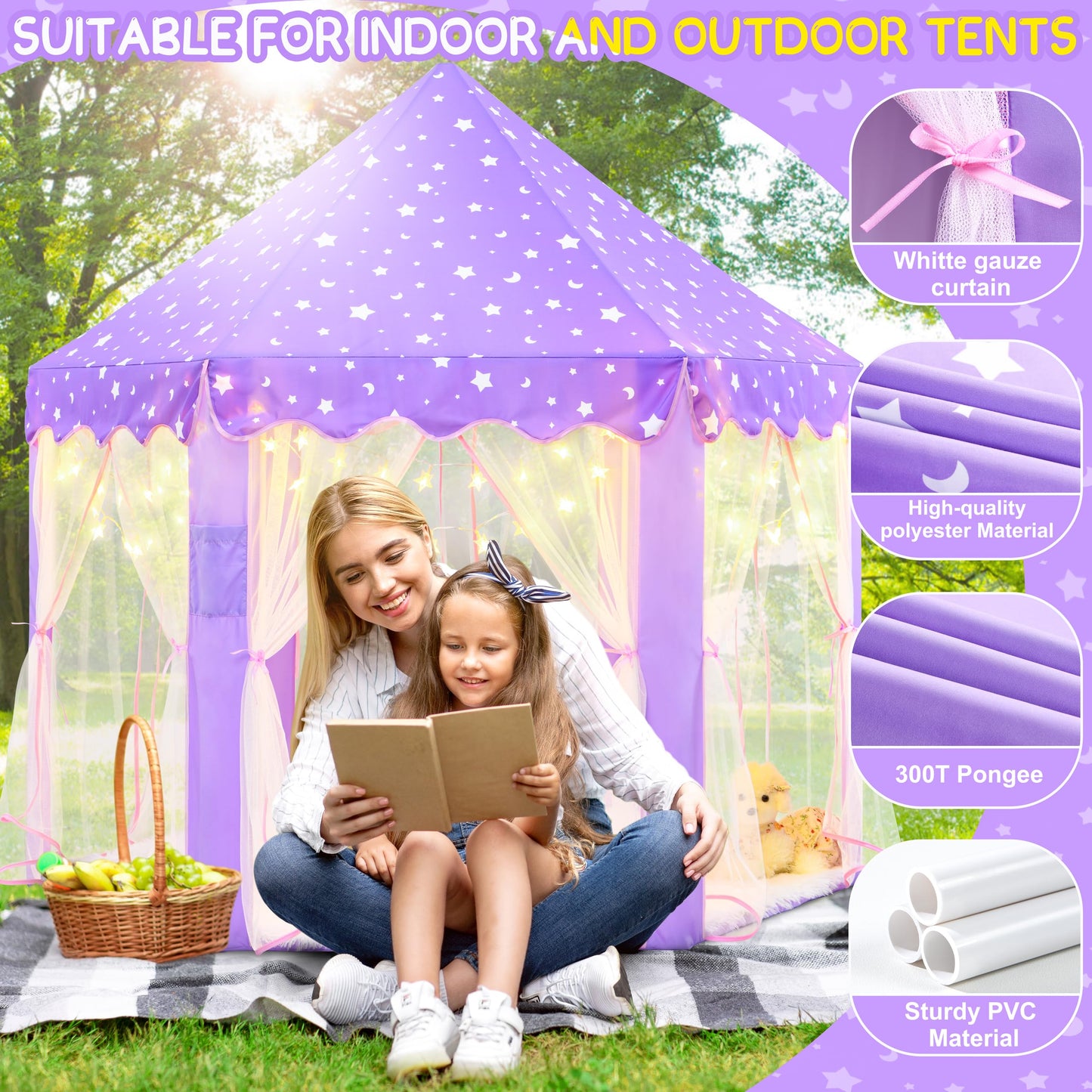 Evoionos Purple Tent For Girls, Kids Tent Indoor, Princess Tent With Star Lights, Girls Play Tent, Princess Castle Playhouse Ten