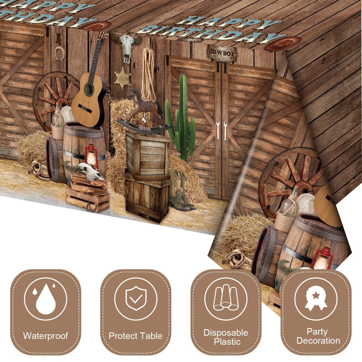 BBTO 3 Pieces Western Tablecloths Cowboy Party Decorations Birthday Table Cover Wild West Happy Birthday Tablecloth Plastic West