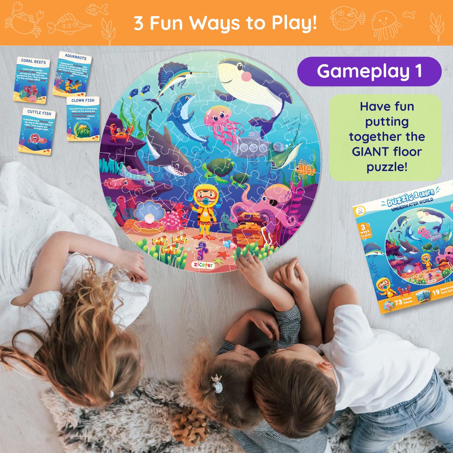 Jumbo 70 Piece Round Floor Puzzles For Kids Ages 3-5, 6-8, Large Jigsaw Puzzle About Underwater Animals Oceans Sea Creatures, 20