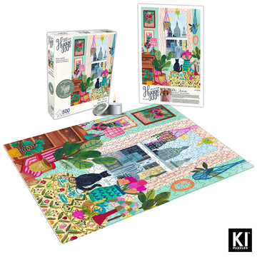 500 Piece Puzzle for mature-themeds Hygge Collection Cat in Window Rhi James Blueboard Jigsaw and Candle by KI Puzzles