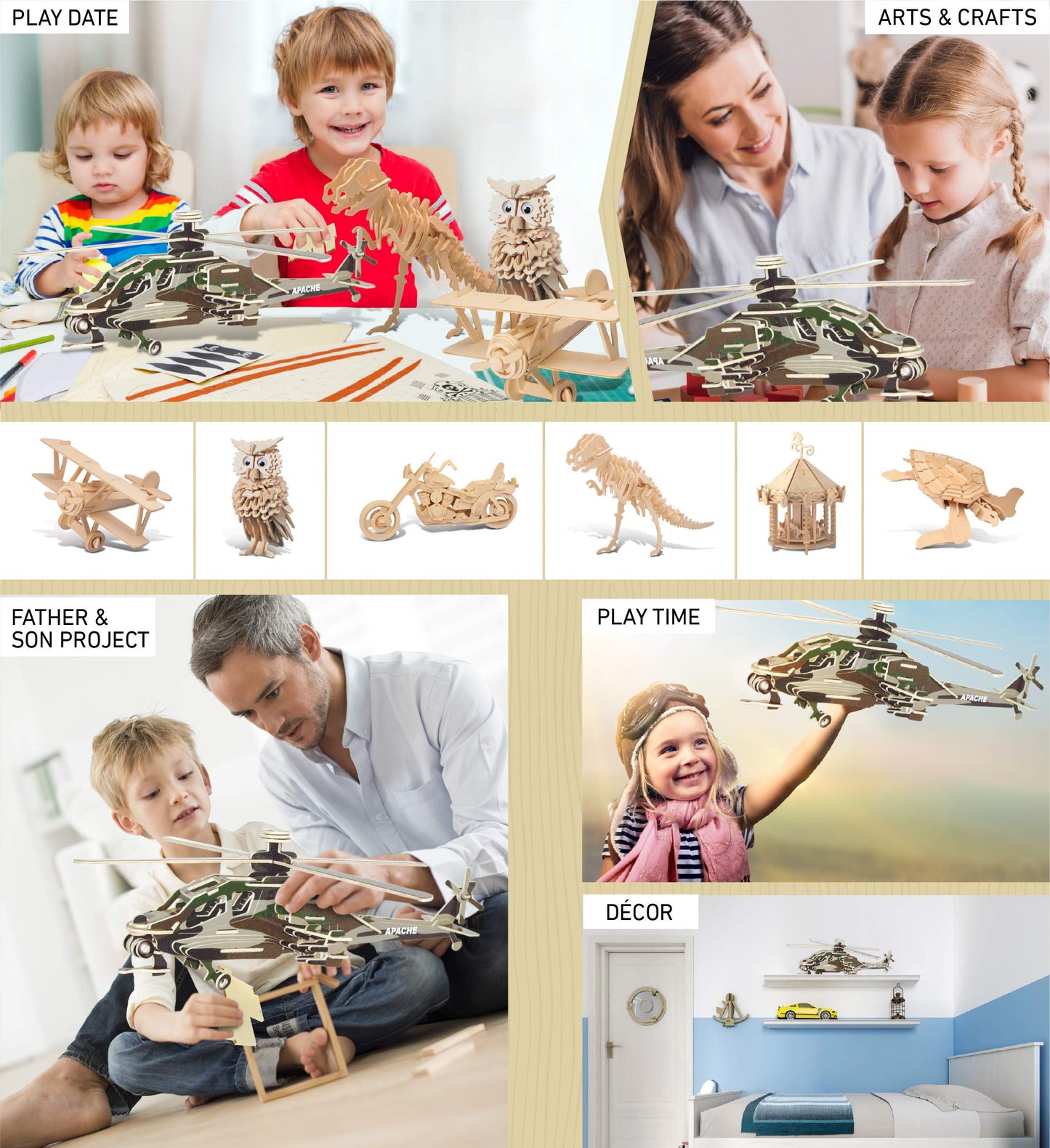 Puzzled 3D Puzzle Apache Helicopter Wood Craft Construction Model Kit, Fun Unique & Educational Diy Wooden Toy Assemble Model Un