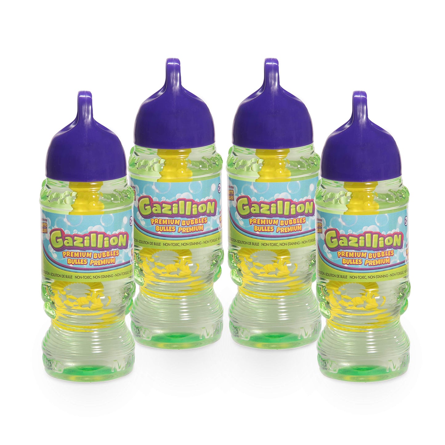 Gazillion Bubbles 10 oz. 4-Pack + 4 Multi Bubble Wands  Non-Toxic  Long-Lasting Bubbles  Great for Kids Parties  Ages 3+