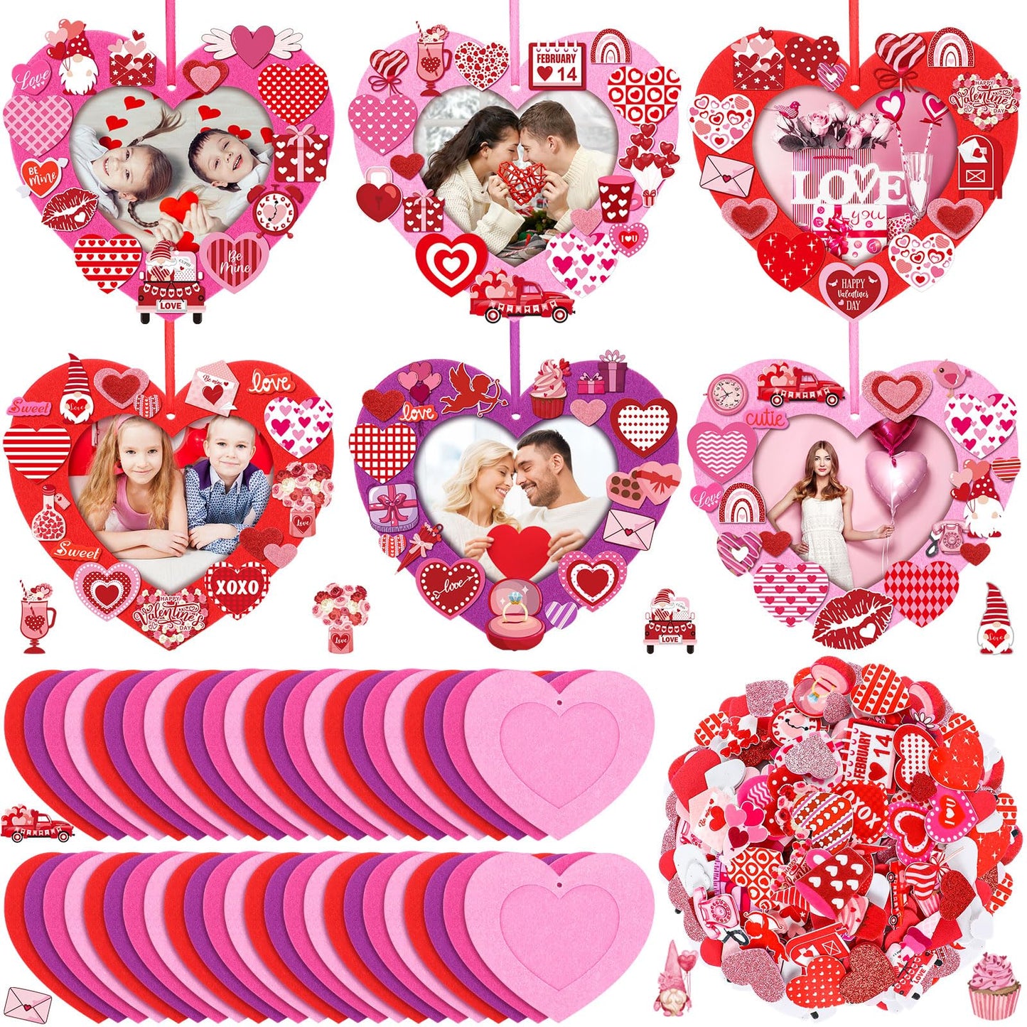 Ferraycle 232 Pieces Valentines DIY Picture Frames Craft Kit 32 Pcs Photo Frames with 200 Pcs Heart Shaped Foam Stickers for Val