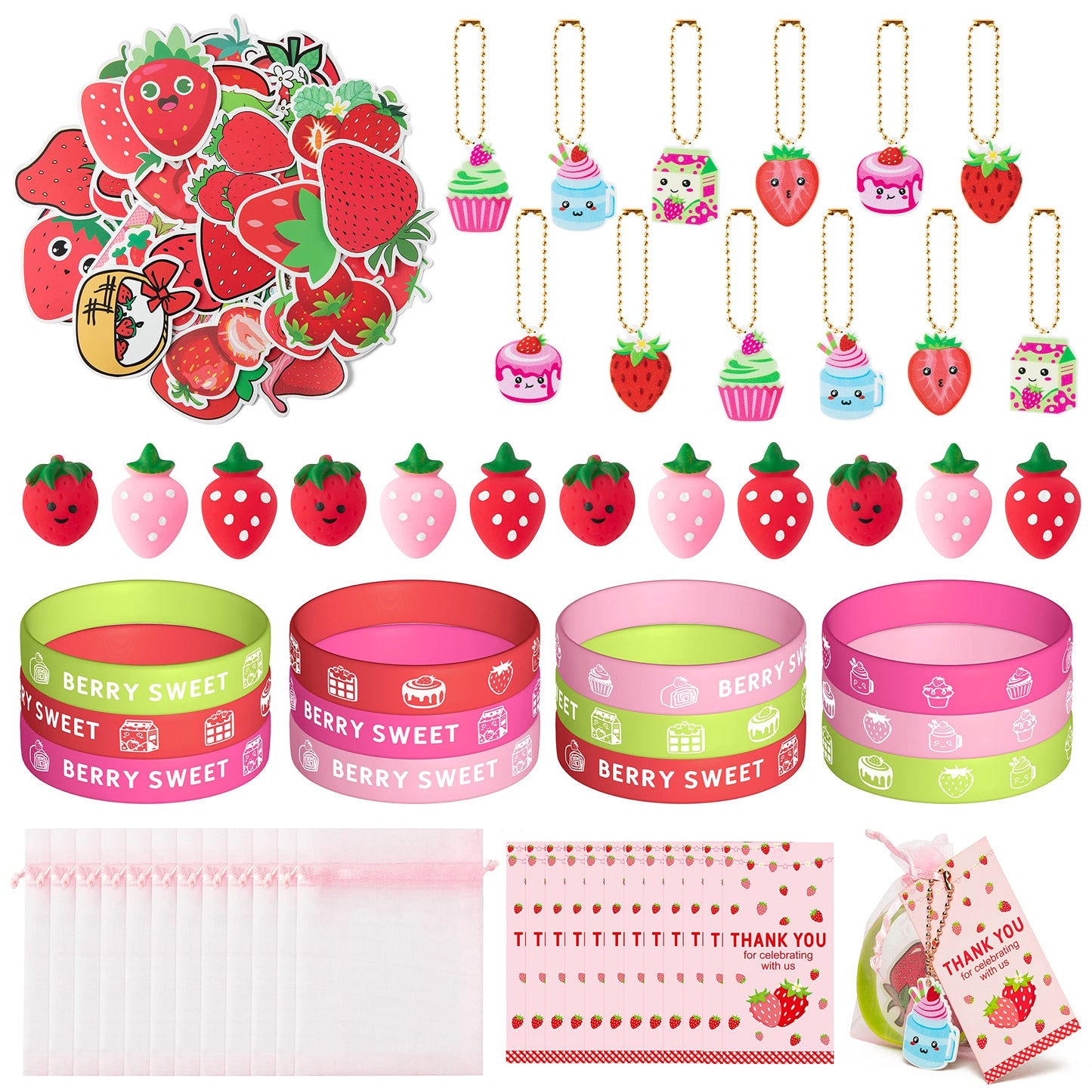 Haooryx 110PCS Strawberry Theme Party Favors Fruit Mochi Toys Berry Sweet Rubber Bracelet Acrylic Strawberry Scrapbook Stickers 
