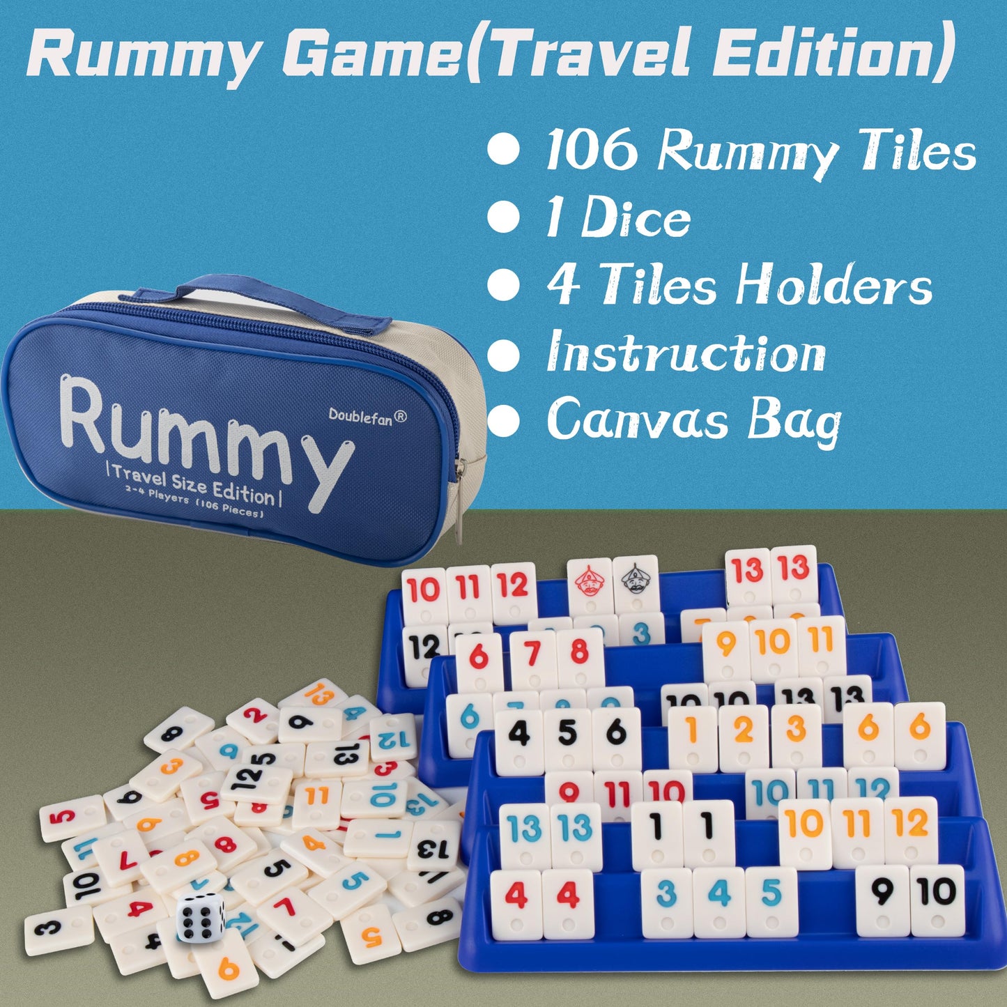 Doublefan Rummy Set Travel Size Rummy Game with Portable Bag  Mini Rummy Cube Game for mature-themed and Kids 106 Tiles  4 Playing Rack  1 Dice (2-4 Players)