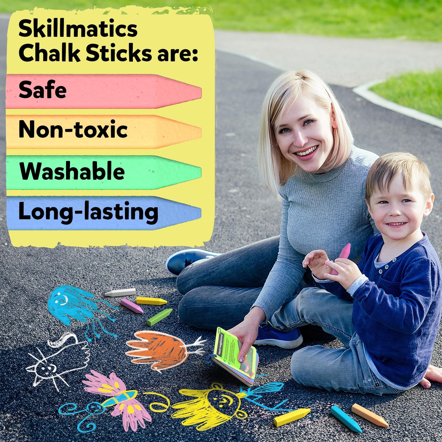 Skillmatics Sidewalk Chalk Activity Kit - Creative Outdoor Fun with 18 Washable Chalk Sticks, 15 Activities & Games for Kids, Gi