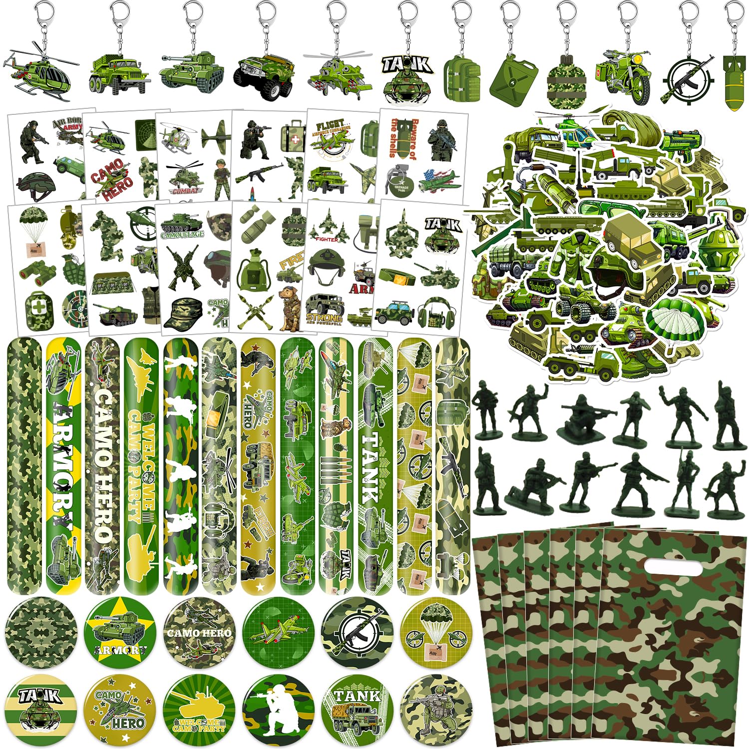 122 PCS Army Party Favors, Military Camo Temporary Tattoos Slap Bracelets Keychains Stickers Badges Goodie Bags Soldiers Figures