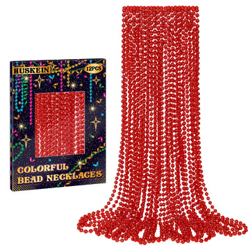 12 Pcs Red Bead Necklace, 33'' Red Christmas Beads Necklaces, 33'' Valentines Beaded Stuff, Mardi Gras Beads Throws, Round Beads