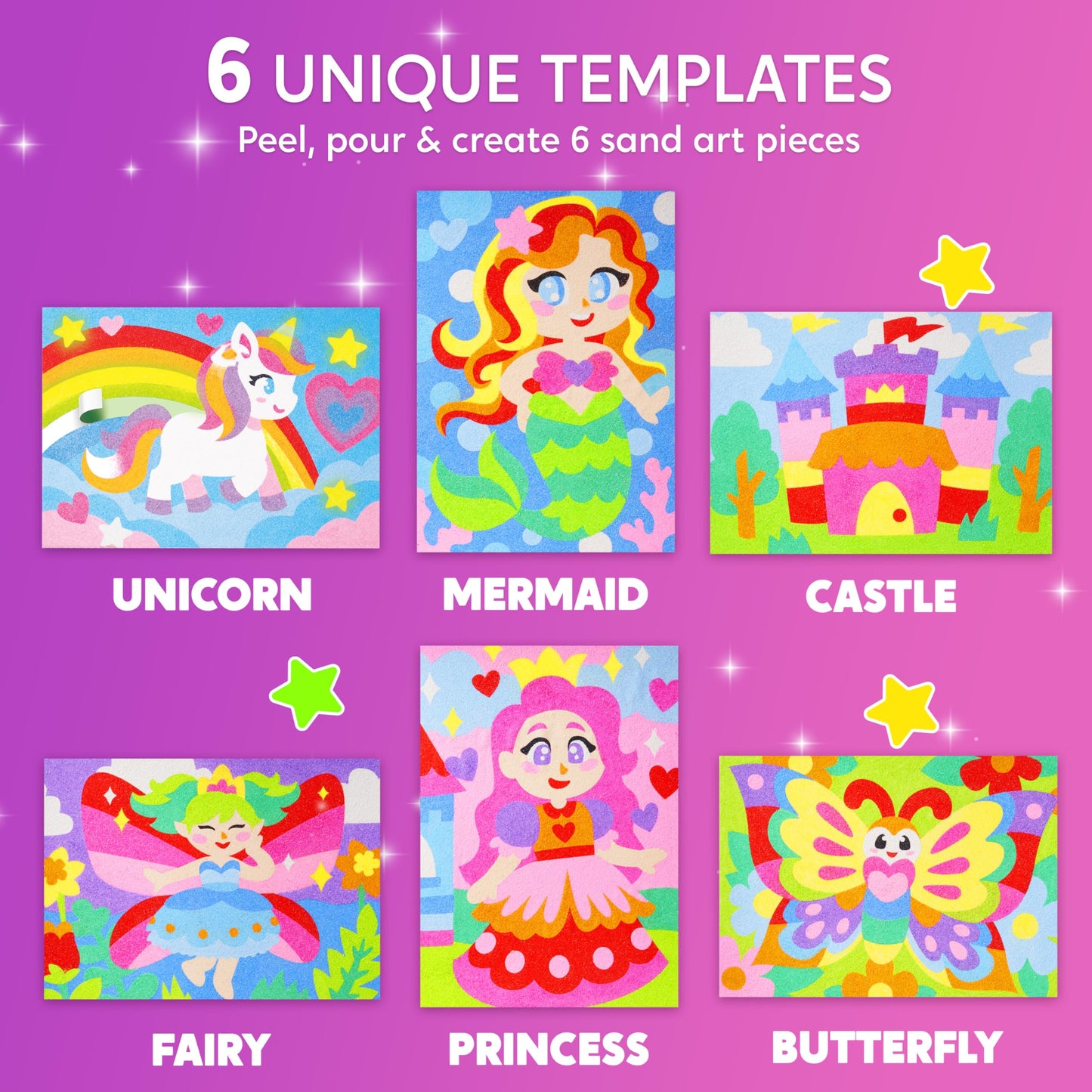 Klever Kits Glow Sand Art Kits for Kids, Glow in The Dark Sand Painting with 14 Colors, Kids Crafts, 6 Fantasy Templates & 4 DIY