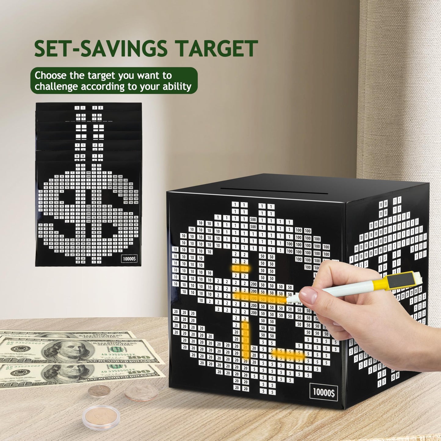 Primo Lines Piggy Bank For Adults,10K Savings Challenge Box, 5.91Inch Money Saving Box 10,000 With Counter For Savings Goal $300