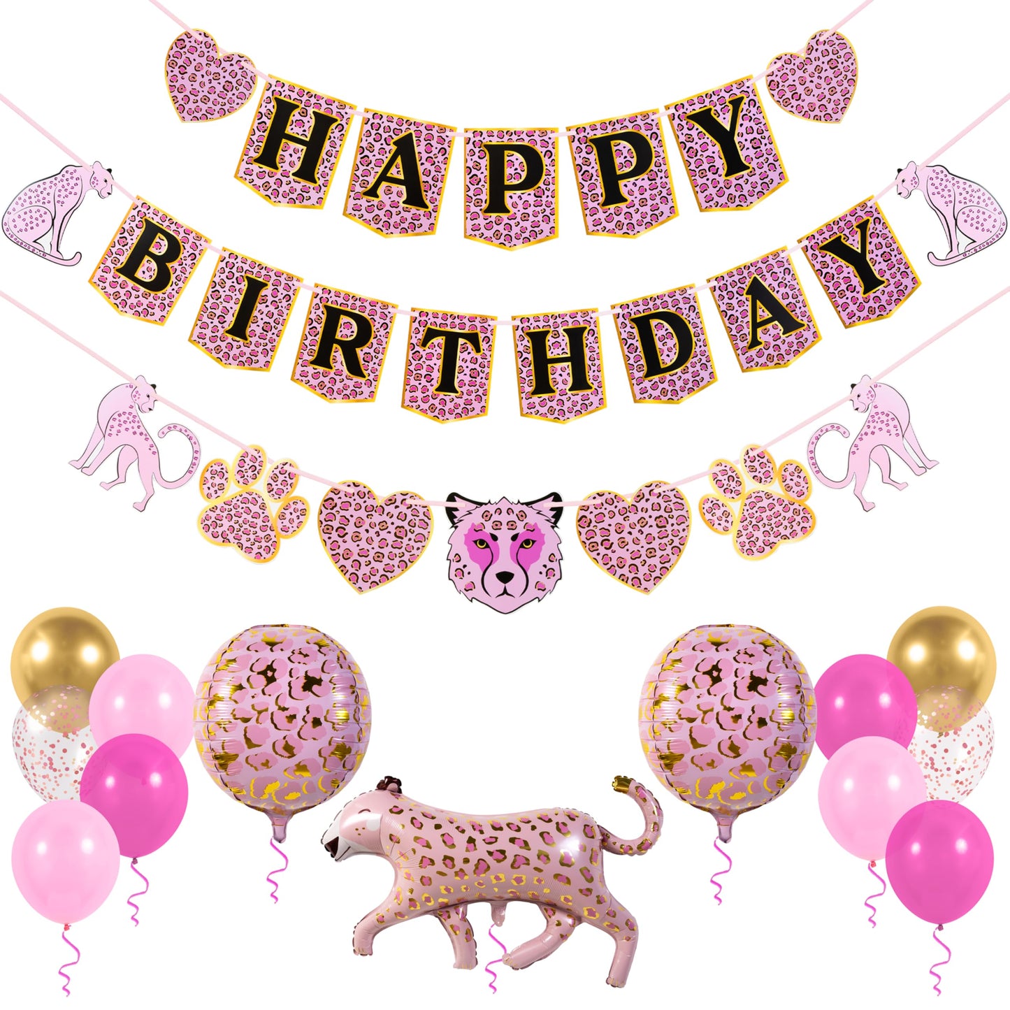 Pirese Pink Cheetah Happy Birthday Banner, Pink Cheetah Birthday Decorations, Leopard Party Decorations, Animal Birthday Party D
