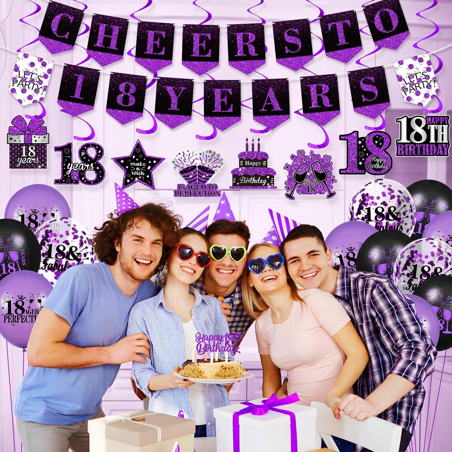 Purple 18Th Birthday Decorations For Girls Boys Purple Black 18Th Birthday Banner Hanging Swirls 18Th Birthday Balloons Happy 18Th Birthday Cake Topper For Purple Cheer To 18 Years Party Supplies