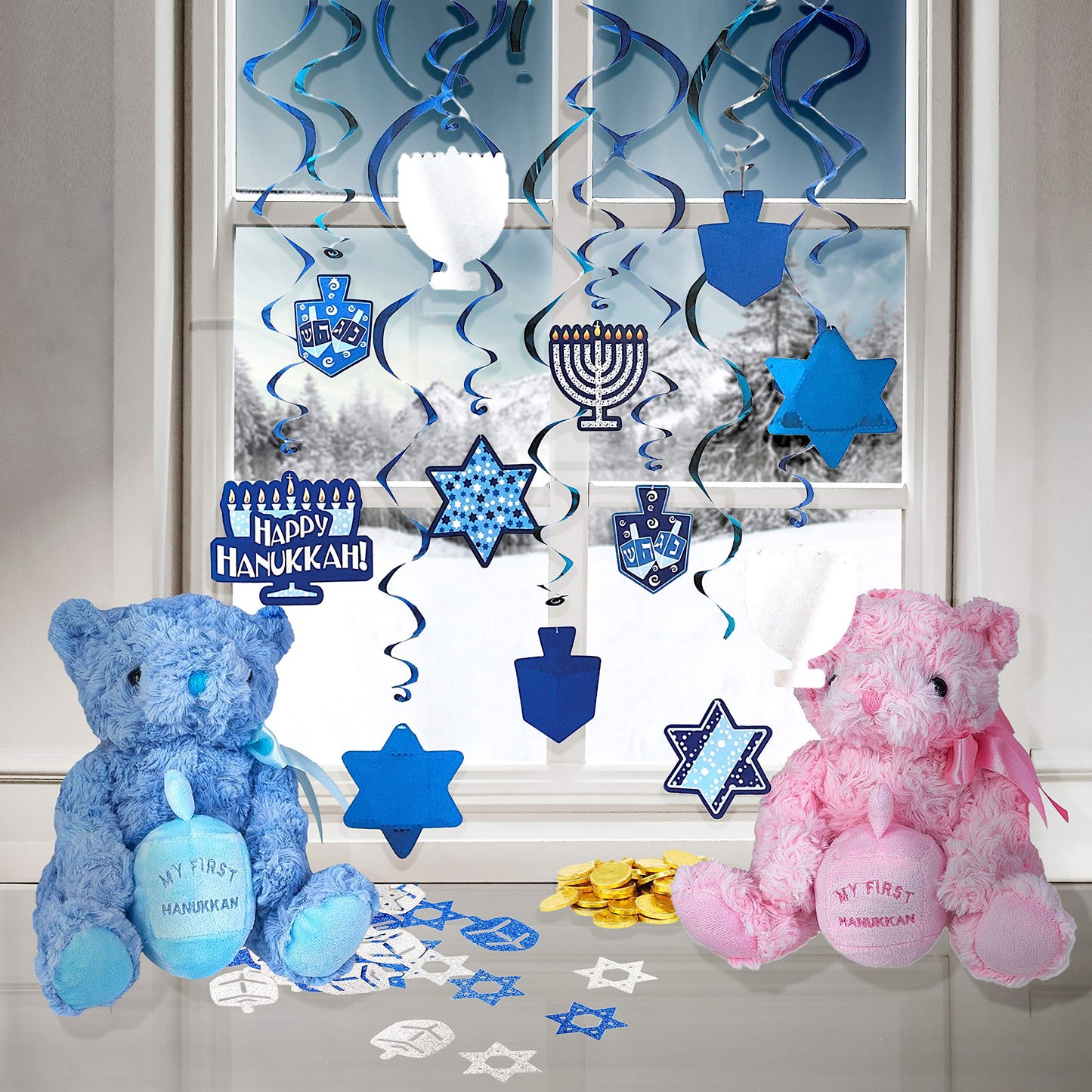 The Dreidel Company Hanukkah Swirl Decorations, Includes 12 Swirls with Foil Hanukkah Cutouts 24 and Swirls Alone Hang 18 (Singl
