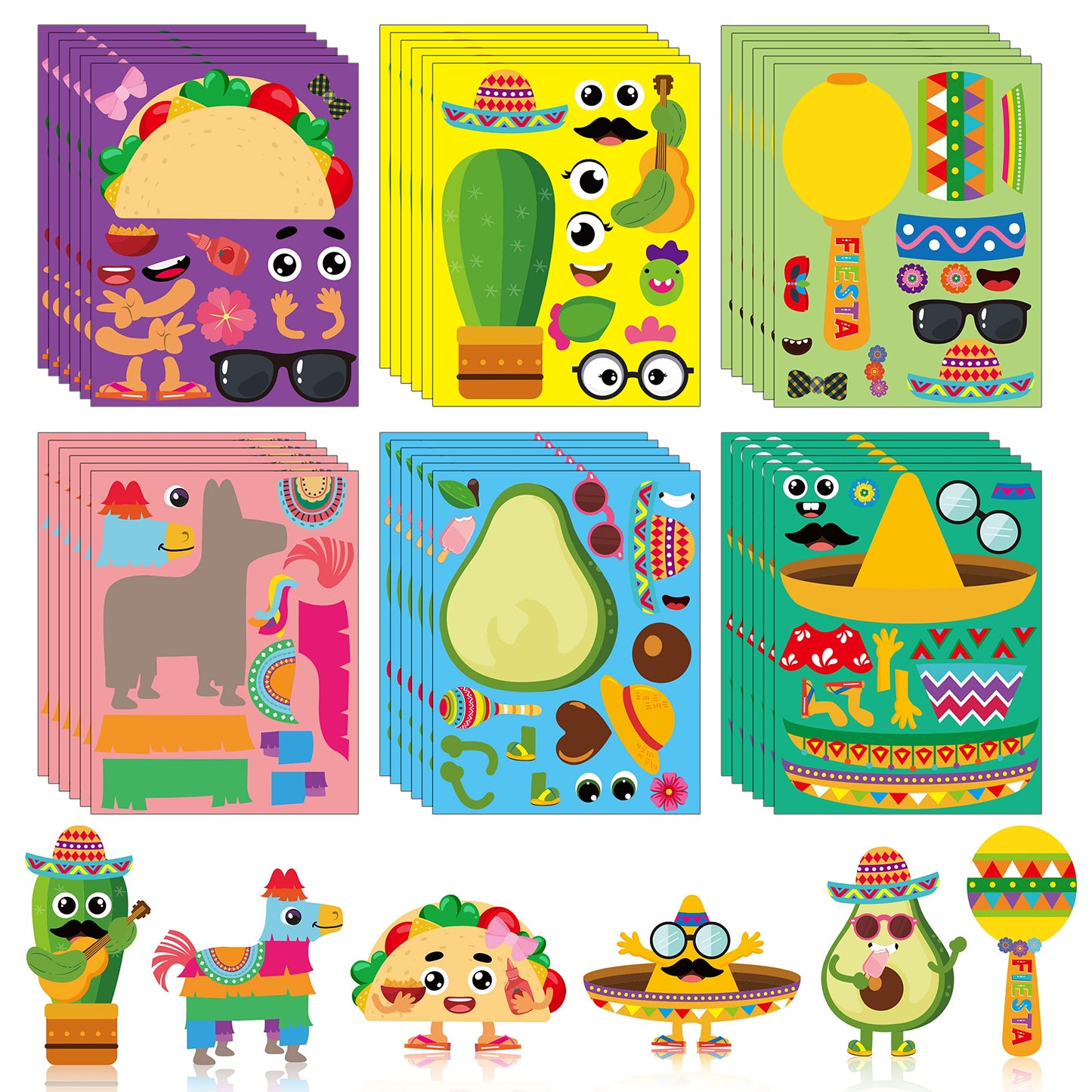 Haooryx 36Pcs Make Your Own Fiesta Stickers Sheet, Make A Face Stickers Game Mexican Fiesta Cinco De Mayo Taco Sticker Mix And Match Cactus Sticker For Kids Birthday Party Favor Gift Art Craft Rewards