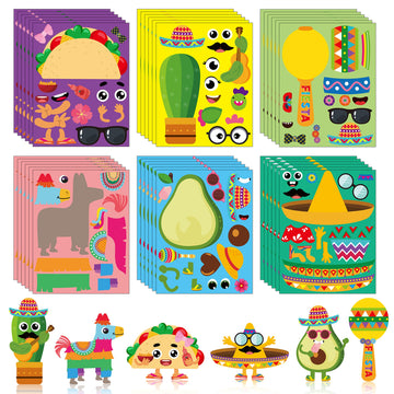 Haooryx 36Pcs Make Your Own Fiesta Stickers Sheet, Make A Face Stickers Game Mexican Fiesta Cinco De Mayo Taco Sticker Mix And Match Cactus Sticker For Kids Birthday Party Favor Gift Art Craft Rewards