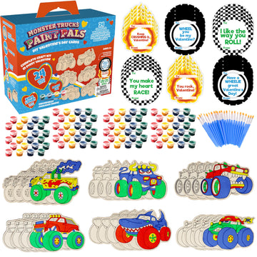 Kids Valentine'S Day Cards - Monster Trucks Wood Painting Craft Kits (24Ct)- Each Valentines Card Includes Craft W Paints, Brush, And Sticker- Make Classroom School Exchange Gifts Fun For Boys & Girls