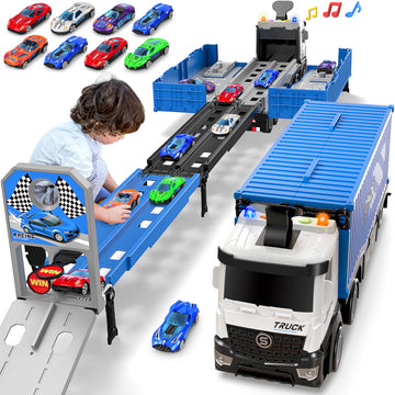 Carrier Truck Race Track Toddlers Toys, Foldable 3 Layer Car Race Track Playset, Toy Truck Transport Car Carrier & 8 Race Cars,