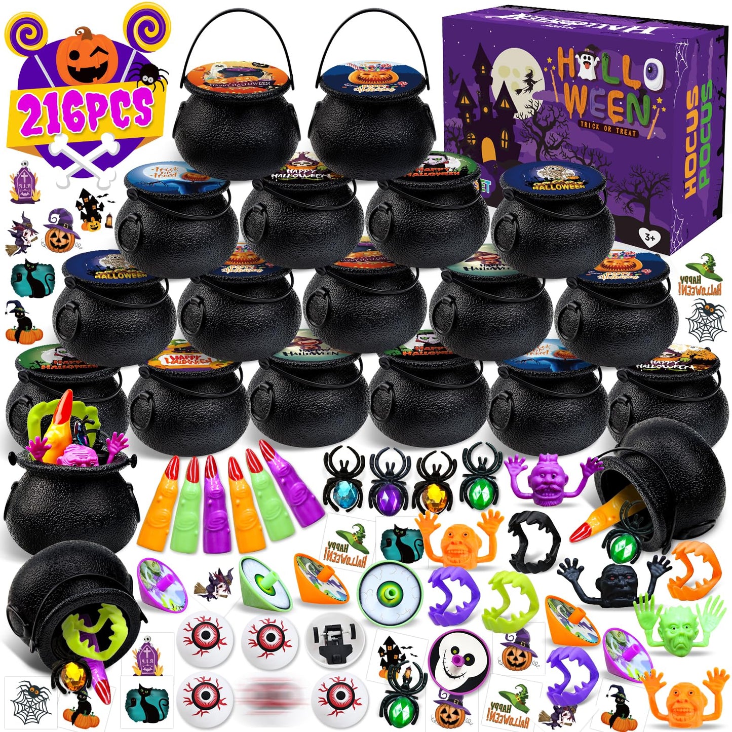 216PCS Halloween Party Favors 24 Pack Prefilled Small Plastic Witch Cauldron Halloween Toys Bulk Halloween Goodie Bag Fillers Ha