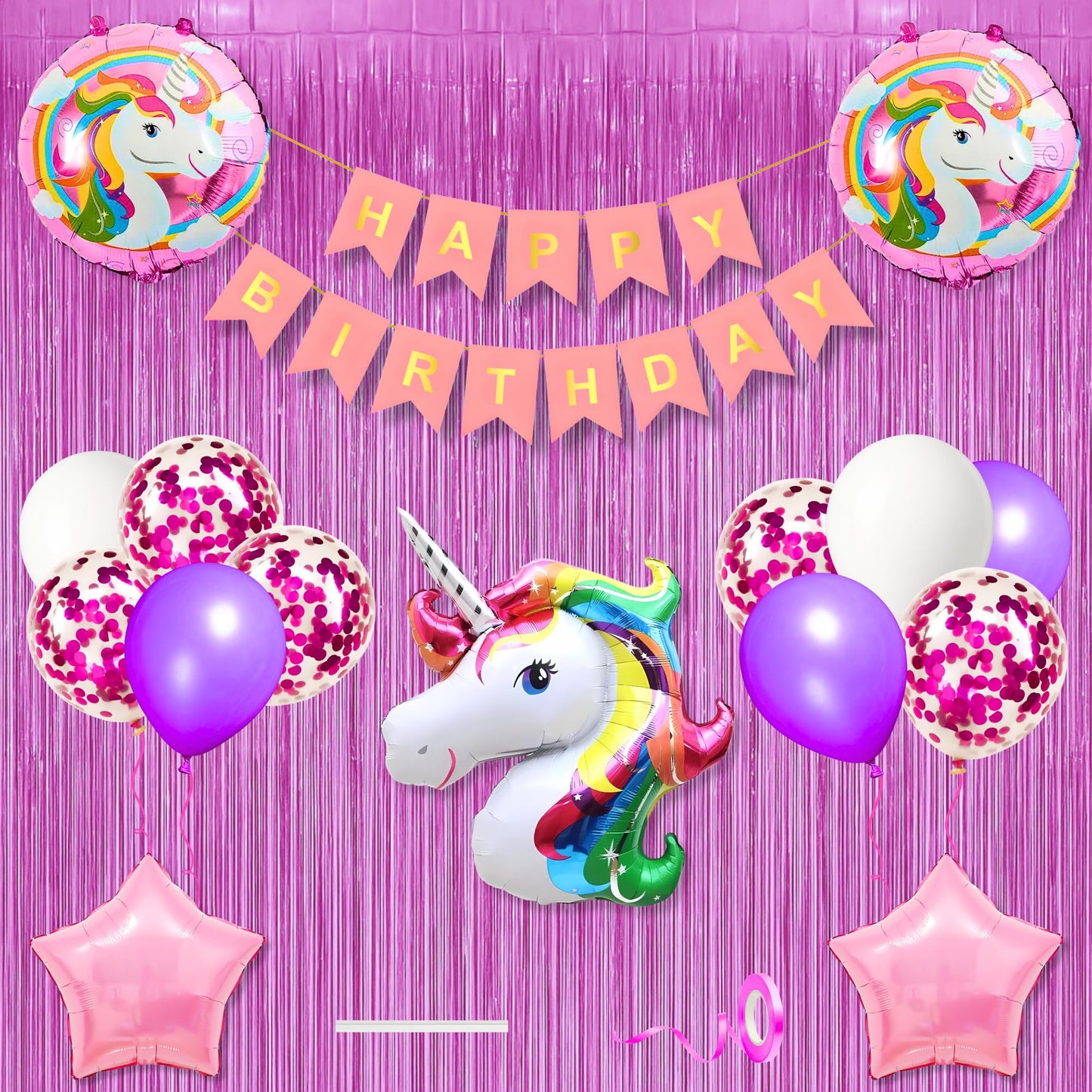 Unicorn Theme Happy Birthday Banner Decoration Kit Light Pink For Baby Boys Girls Kids 5 Pc Unicorn Theme 10 Pc Purple Confetti 