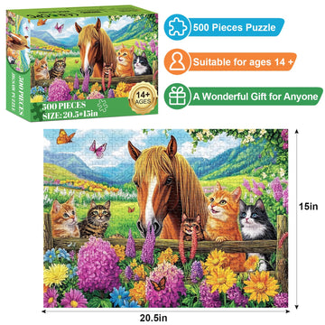 500 Piece Puzzle For Adults- Cats And Horses Puzzle| Recycled Paper Farm Jigsaw Puzzles 500 Pieces | Challenging Family Activity