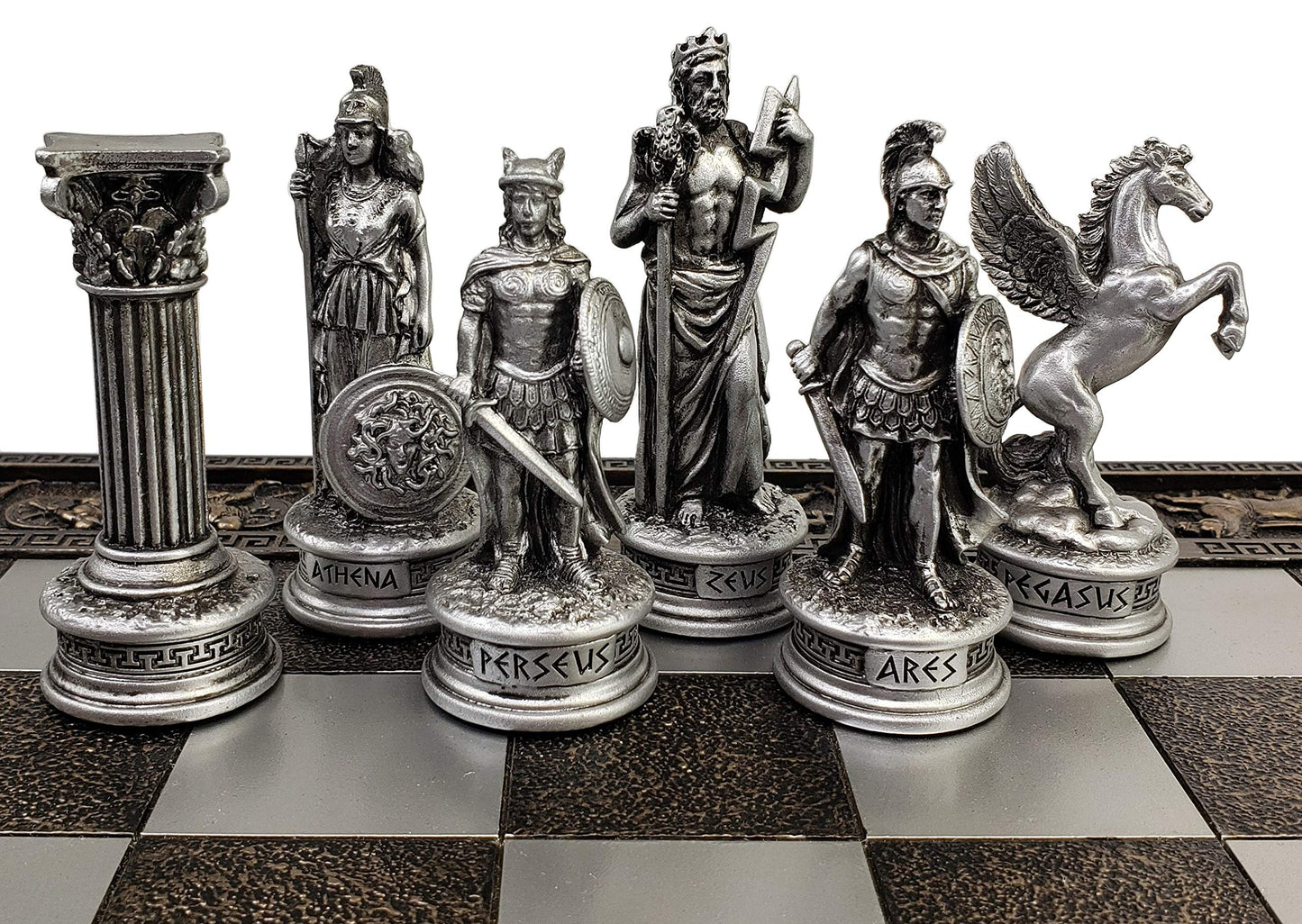 HPL Greek Mythology Chess Set - Zeus vs Poseidon - 17" Bronze Color Board - Pewter & Resin Pieces