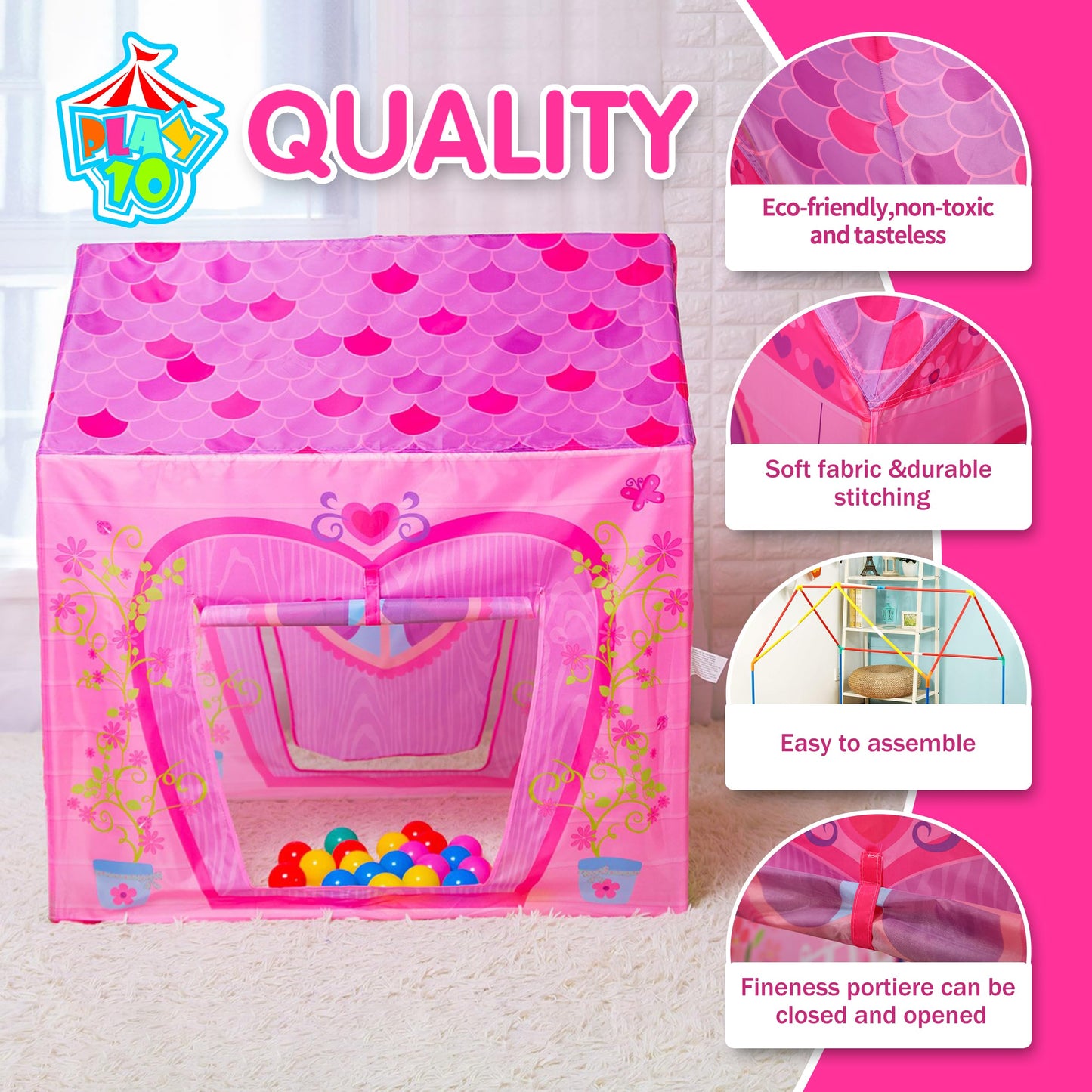 Play 10 Kids Tent, Princess Castle Pink Tent For Kids, Kids Playhouse Kids Play Tent, Kids Tent Indoor Playhouse For Kids Outdoor, 37 * 28 * 40Inch,Big Enough For 2-3 Little Kids Play Together