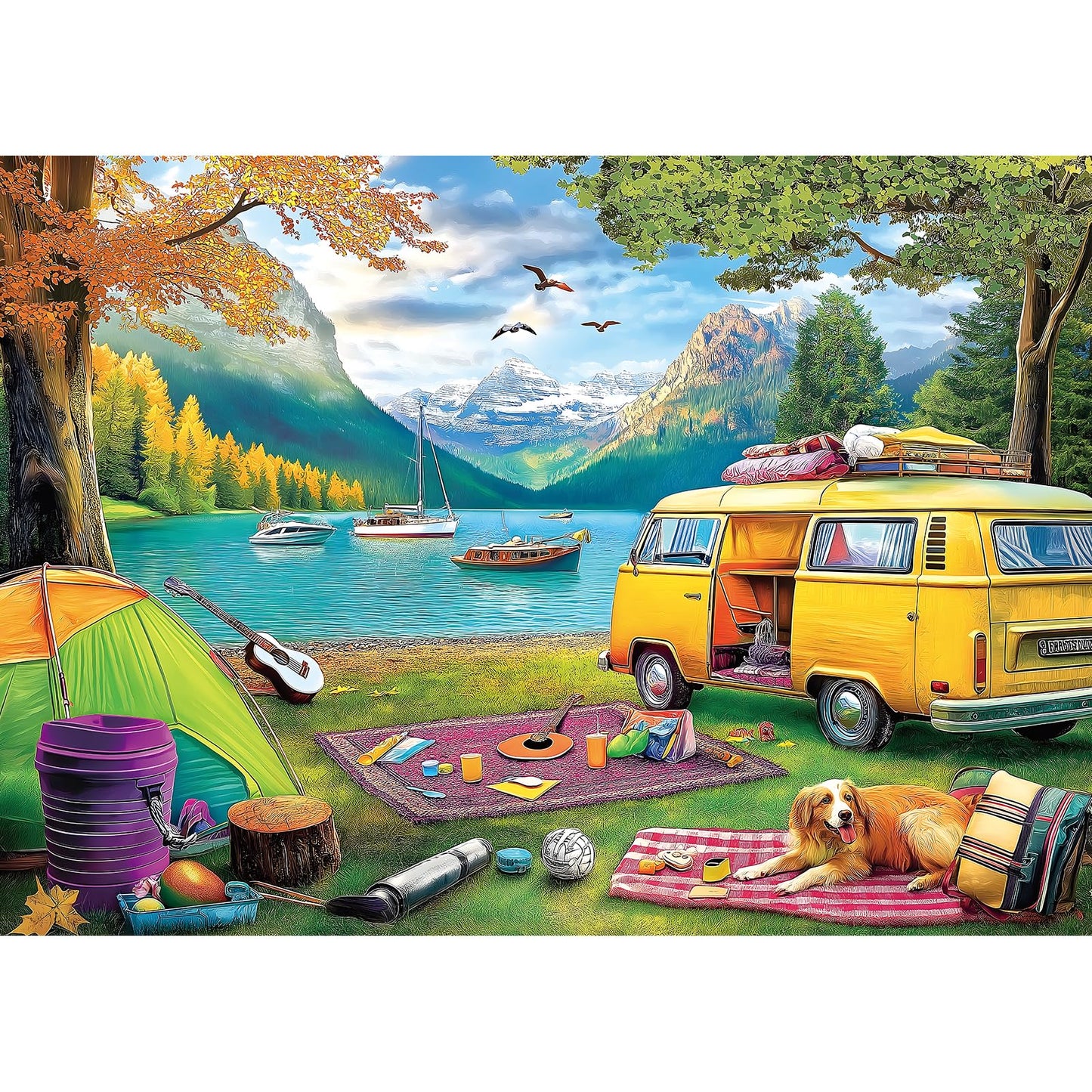 Blueforest 1000 Piece Jigsaw Puzzle - Unique Camping Lake RV Scene - 27.5x19.7 Inches - Challenging mature-themed Puzzle for Relaxation & Family Activity