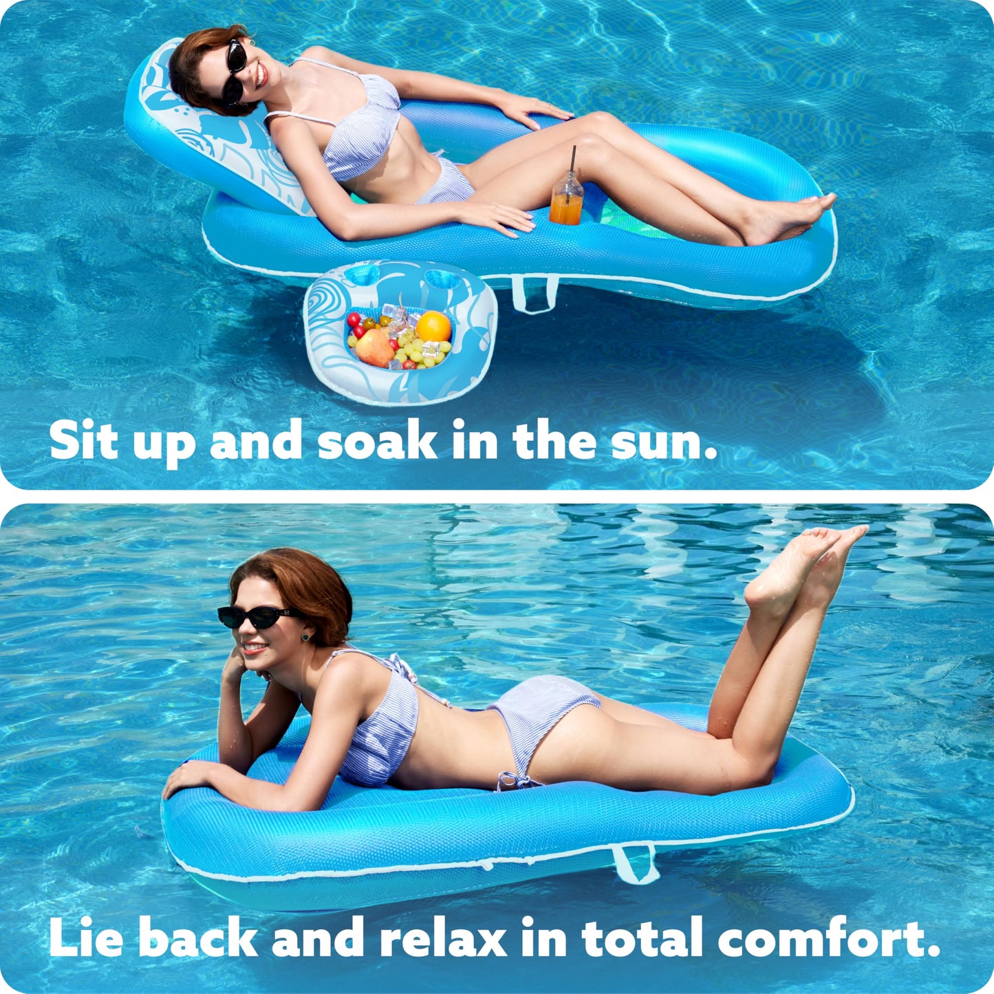 Sloosh Pool Float Lounger for Adults, Large Blue Vinyl 2-in-1 with Cup Holders & Adjustable Backrest, Model 40858