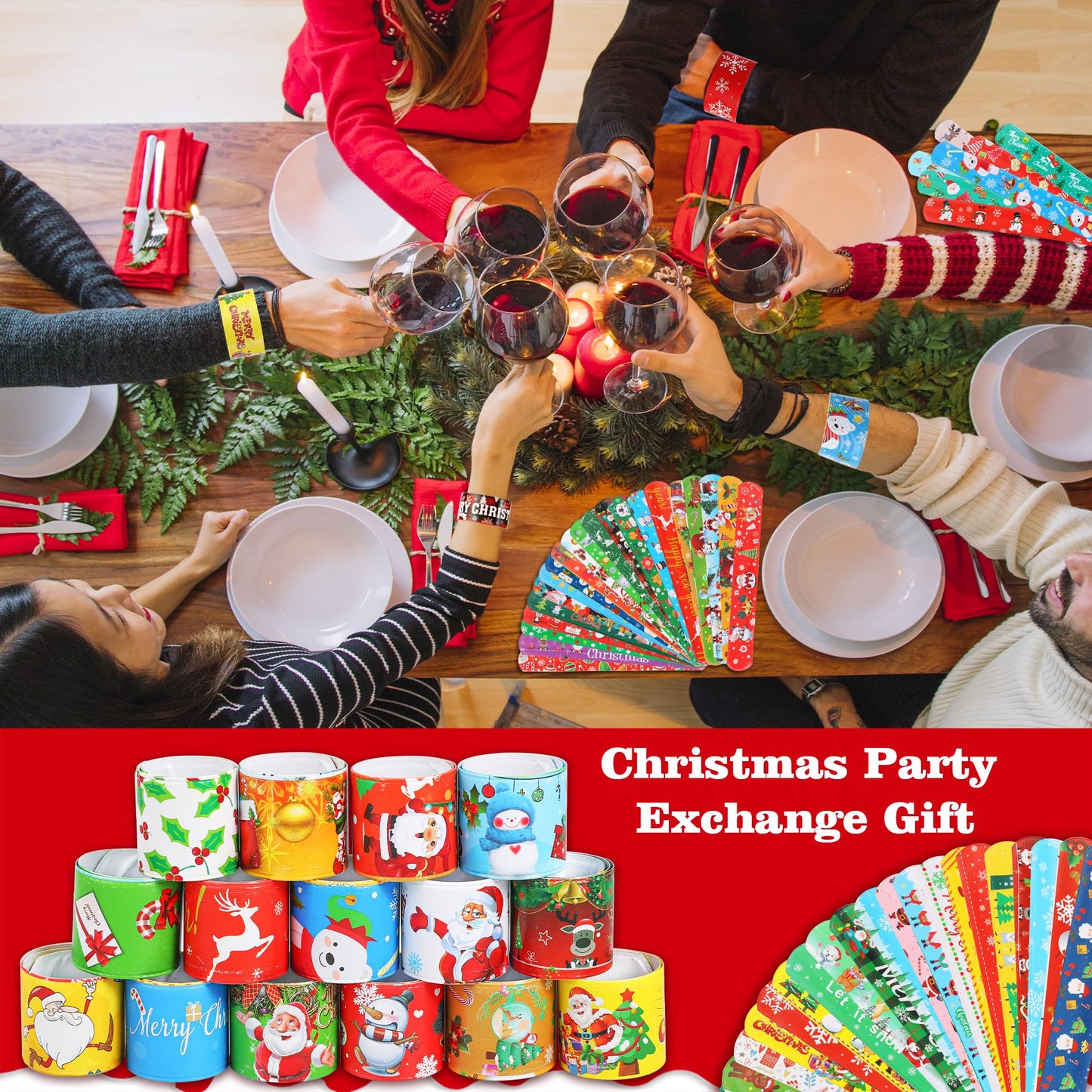 LUYI 148 PCS Christmas Slap Bracelets Christmas Party Favors Supplies for Xmas Slap Snap Bracelets Bulk Christmas Toys for Chris