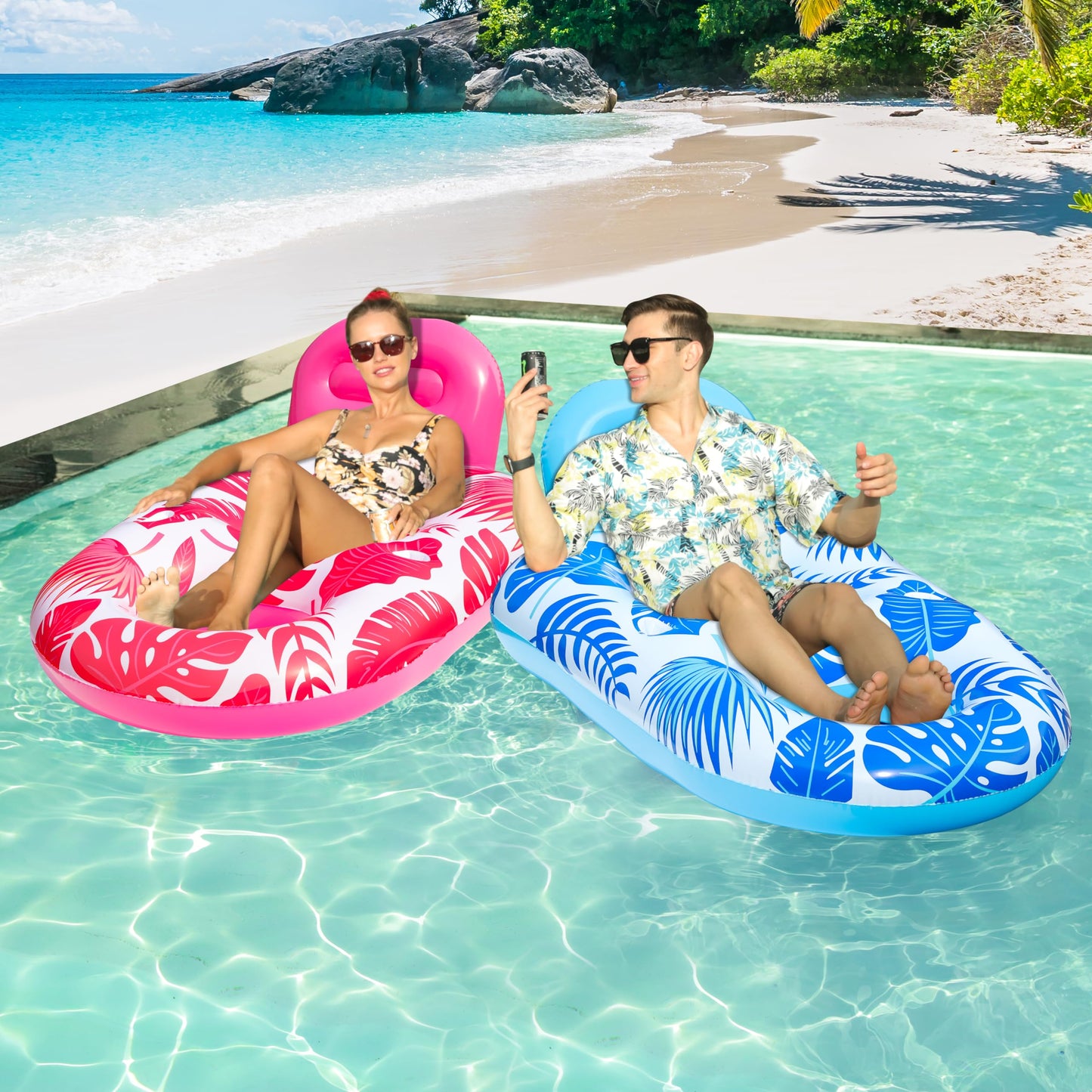 FindUWill Pool Floats mature-themed - 2 Pack Oversized Pool Chairs  Tanning Pool Lounger  Inflatable Pool Float Lounge with Cup  Phone Holder  Backrest  Footrest (Blue&Red)