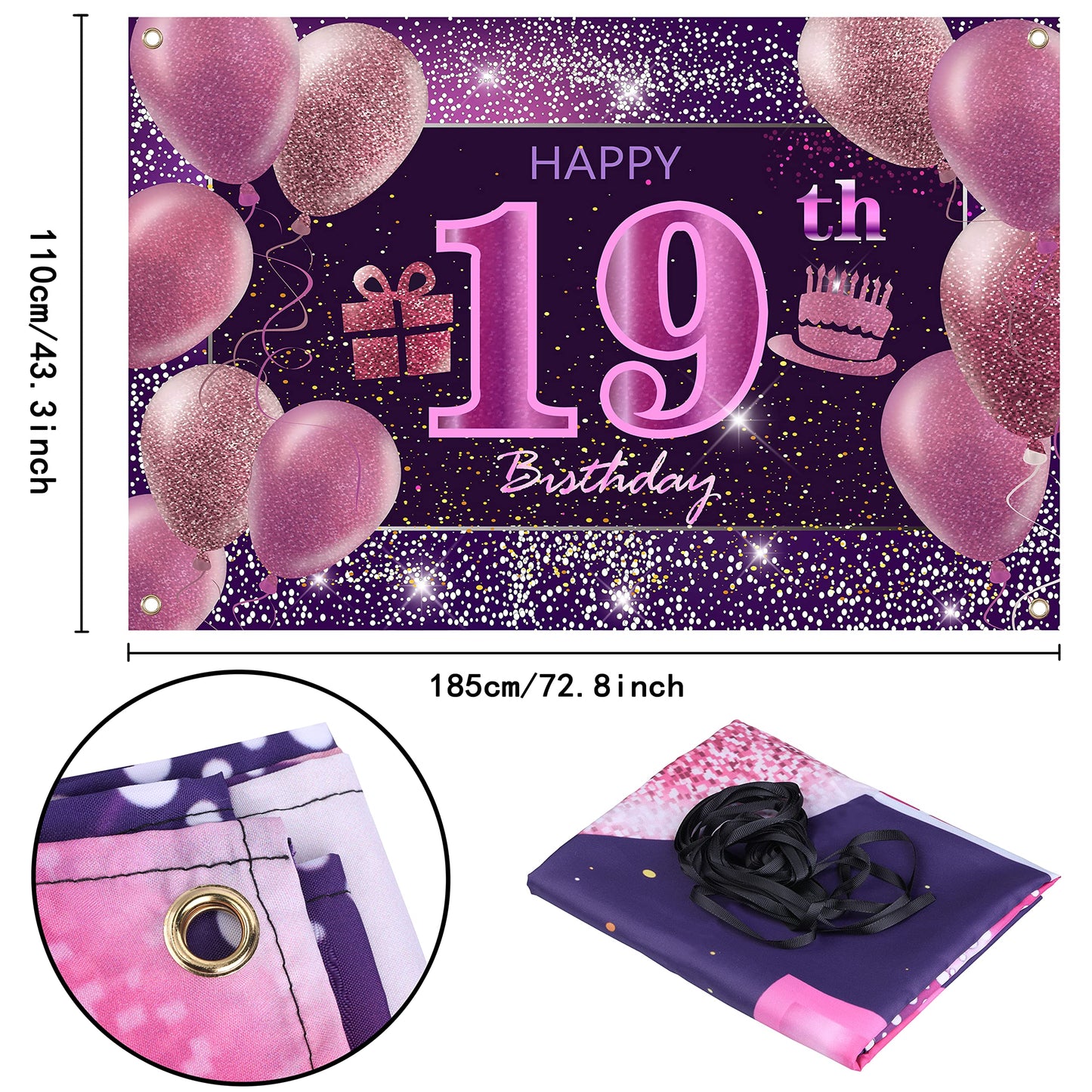 IMISI 19th Birthday Decorations - Pink Happy Birthday Banner, Polyester Backdrop for Girls' Party