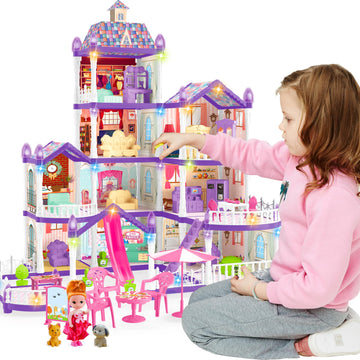 Doll House For Girls,10 Rooms Purple House Toy With Dolls Figure, Puppies,Furnitures, Accessories, Kids Playhouse Gift For For 3