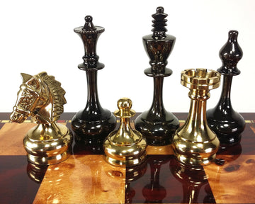 Real Brass Metal Staunton Bridled Knight Chess Men Set Gold And Black Chrome - No Board