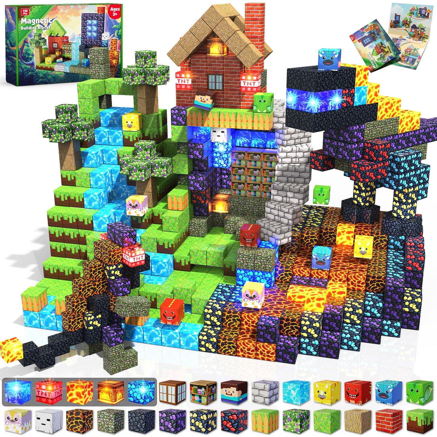 Magnetic Blocks - 150 PCS Dinosaur Volcano Forest Castle Set with Light Up Blocks - Kids Classroom Sensory Toy for Toddlers STEM