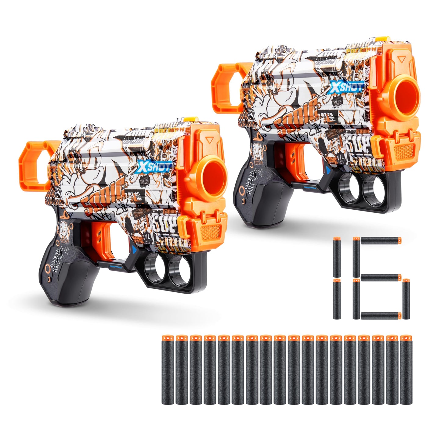 X-Shot Skins Menace - Sonic Retro (2 Pack + 16 Darts) By Zuru, X-Shot, Easy Reload, Air Pocket Dart Technology, Toy Foam Dart Blaster For Kids, Teens, Adults, Frustration Free Packaging