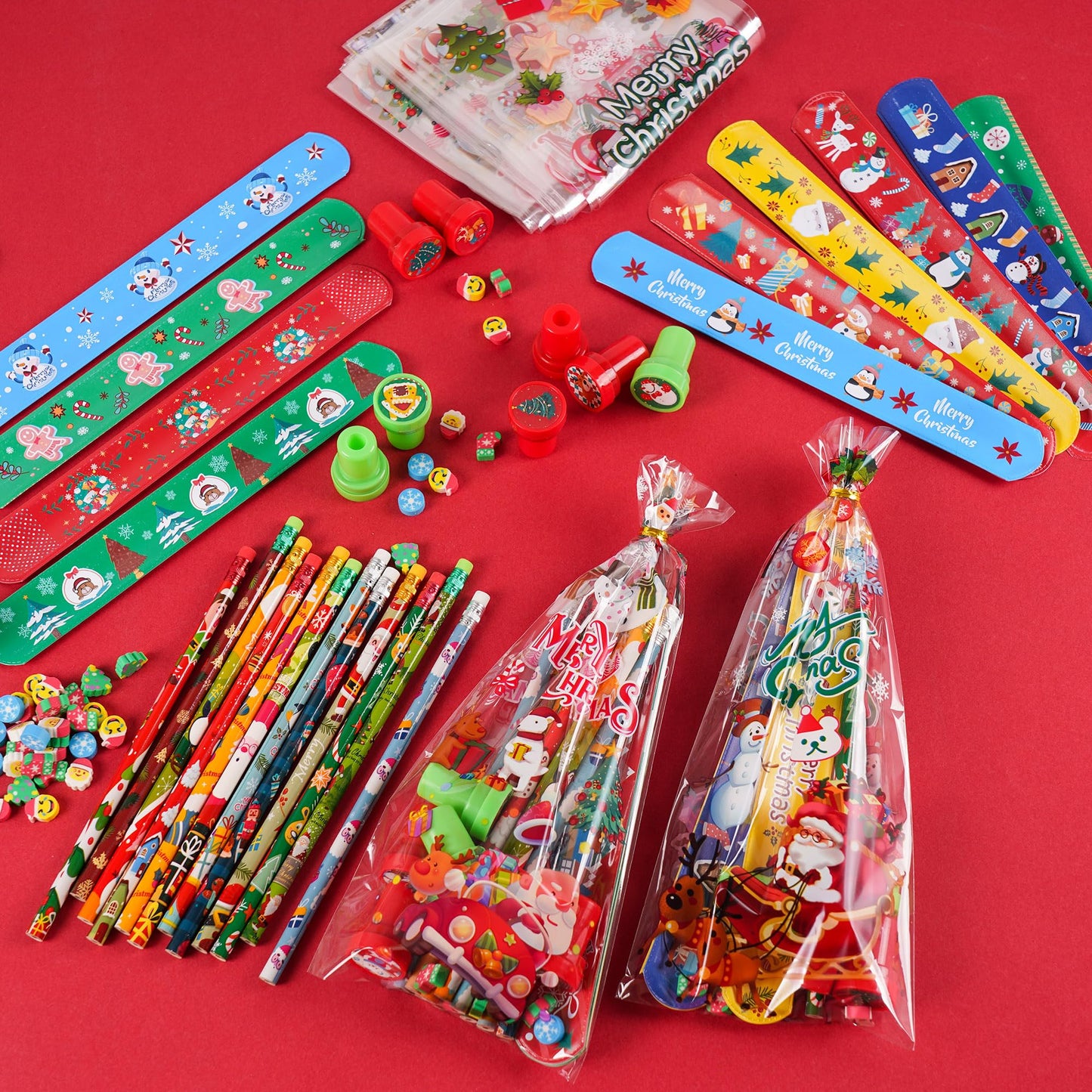 360 Pieces Christmas Stationery Party Favors Bulk: Christmas Pencil Eraser Slap Bracelets Stamps Treat Bags for Kids Classroom G